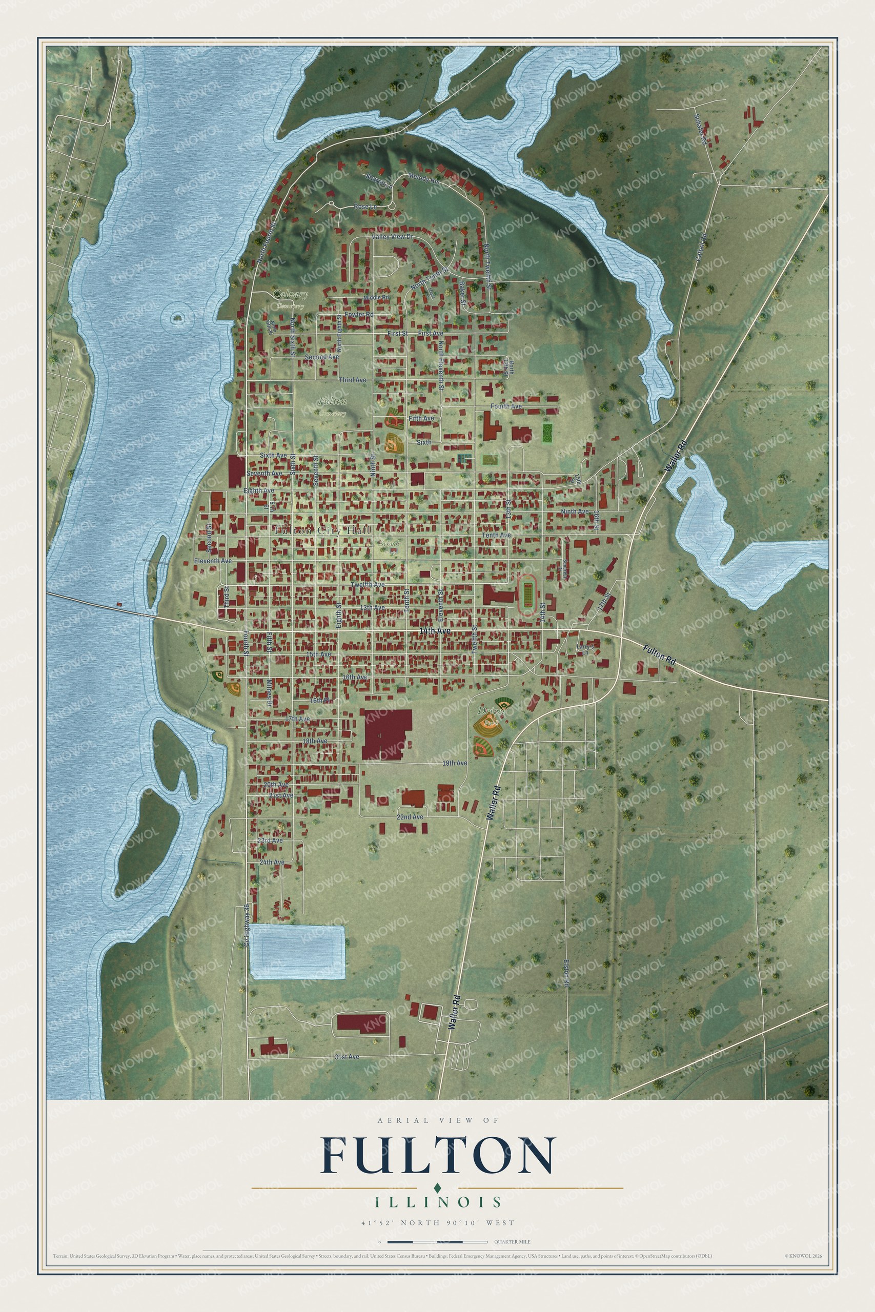 Full map of Fulton, Illinois, with red buildings, printed street names and the land around them