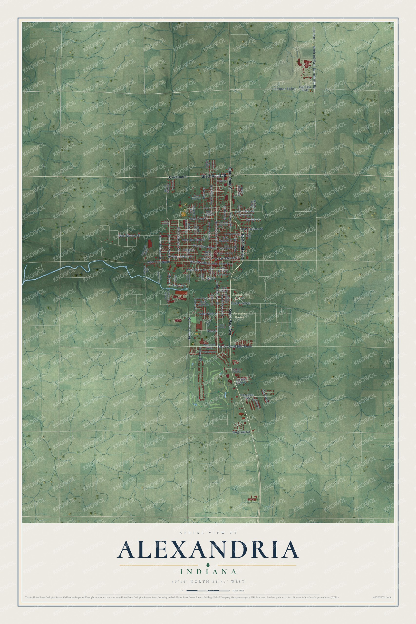 Full map of Alexandria, Indiana, with red buildings, printed street names and the land around them
