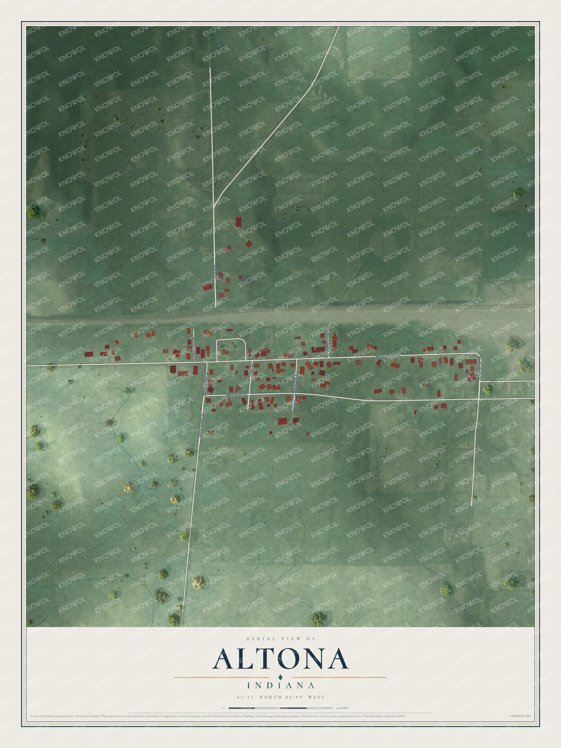 Full map of Altona, Indiana, with red buildings, printed street names and the land around them