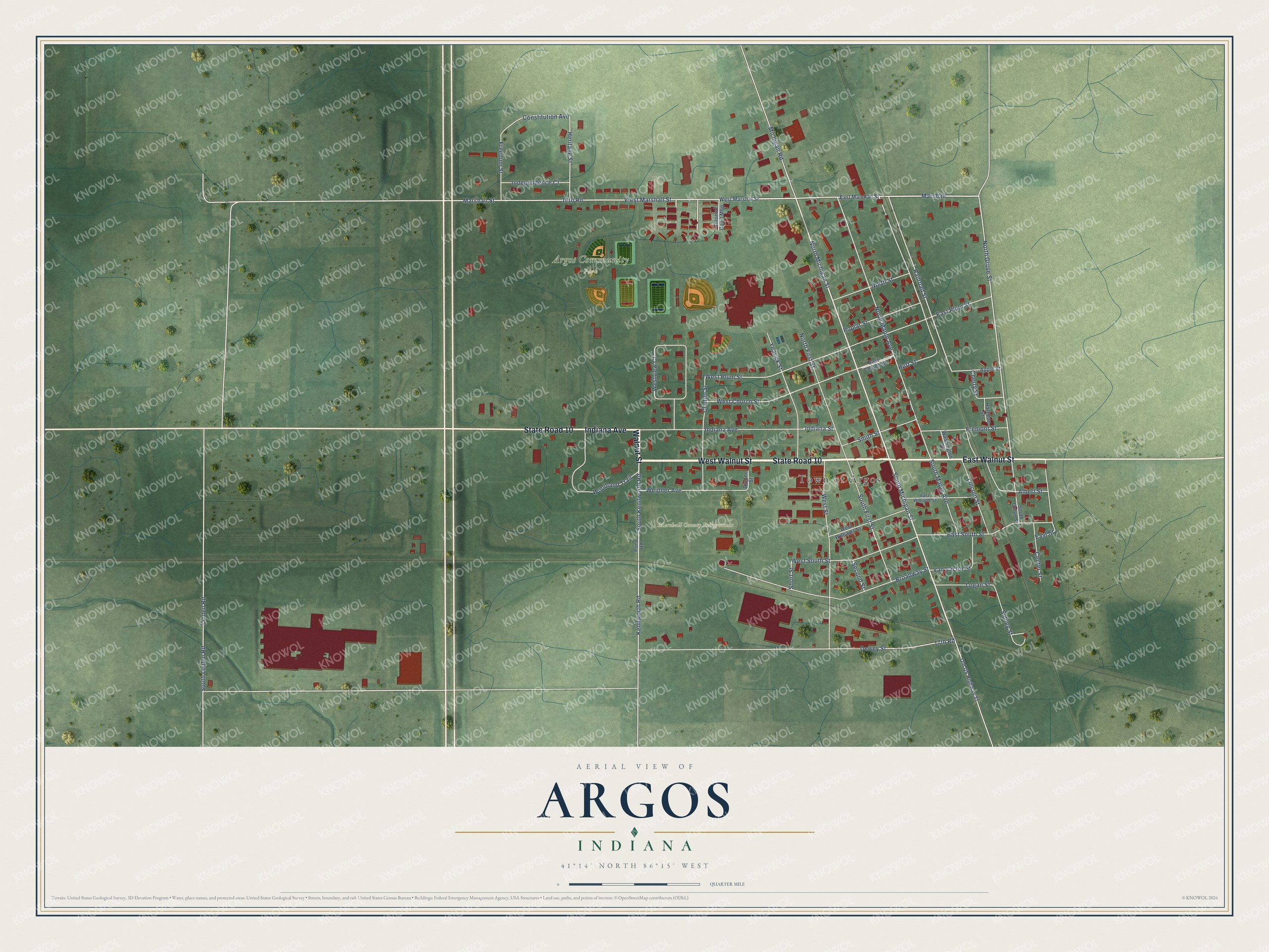 Full map of Argos, Indiana, with red buildings, printed street names and the land around them
