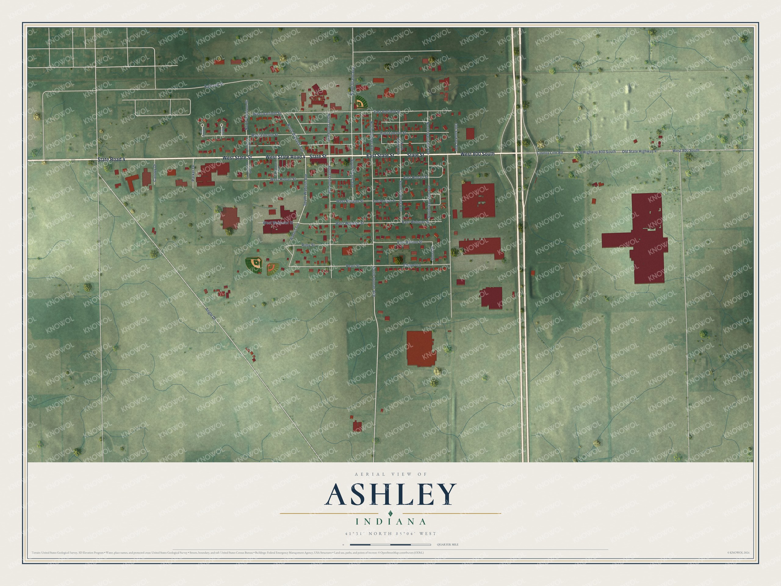Full map of Ashley, Indiana, with red buildings, printed street names and the land around them
