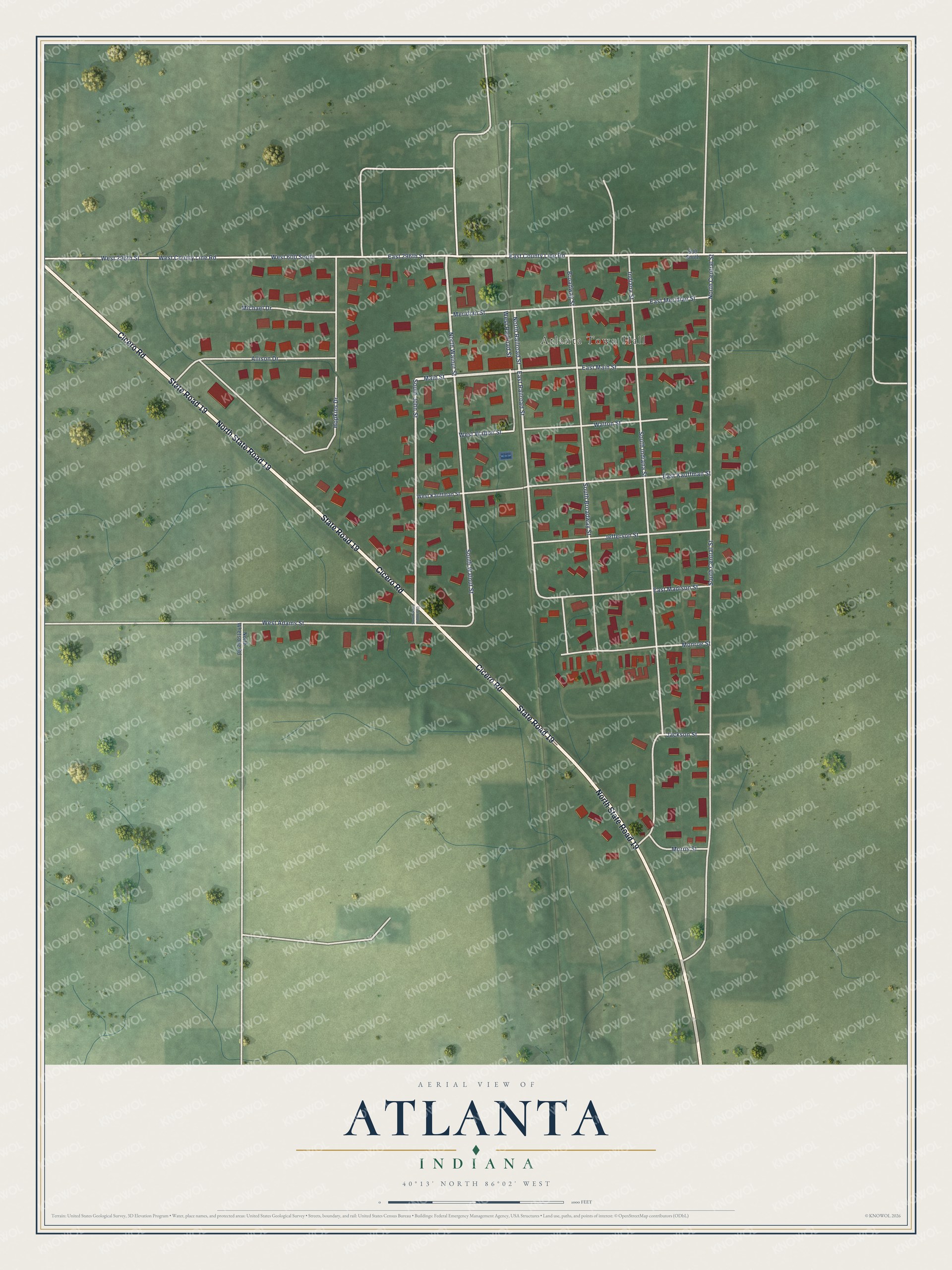 Full map of Atlanta, Indiana, with red buildings, printed street names and the land around them