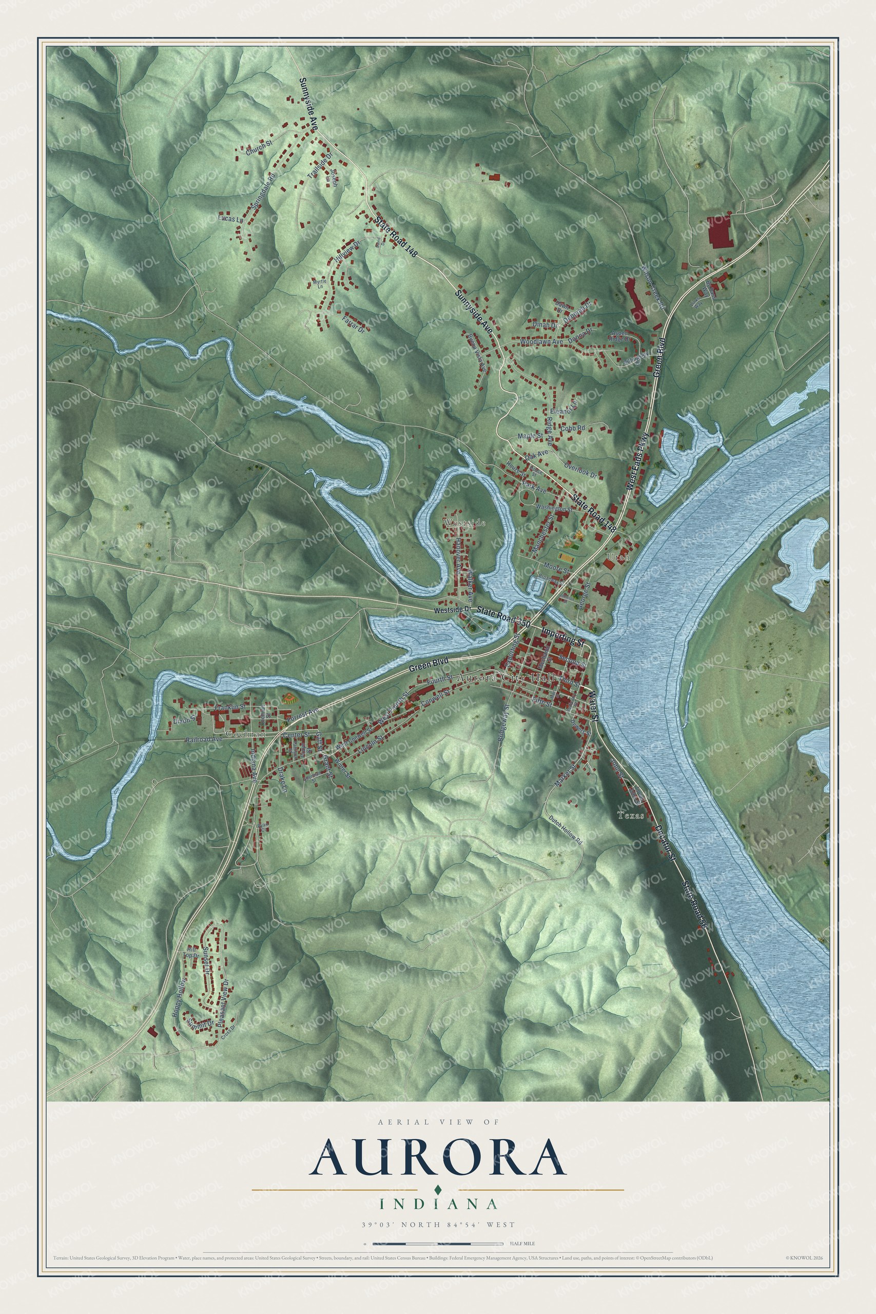 Watermarked full-map preview of Aurora, Indiana