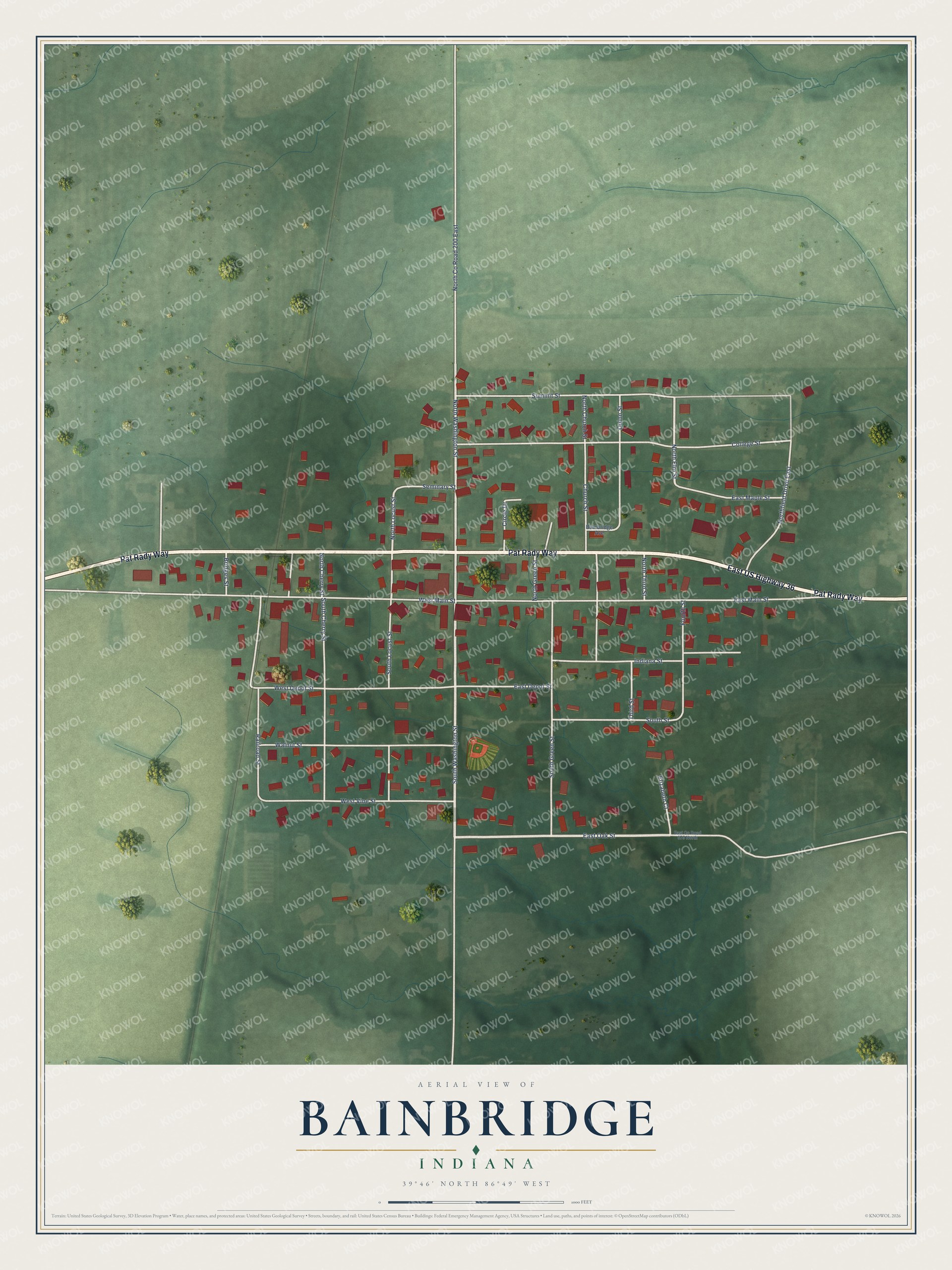 Full map of Bainbridge, Indiana, with red buildings, printed street names and the land around them