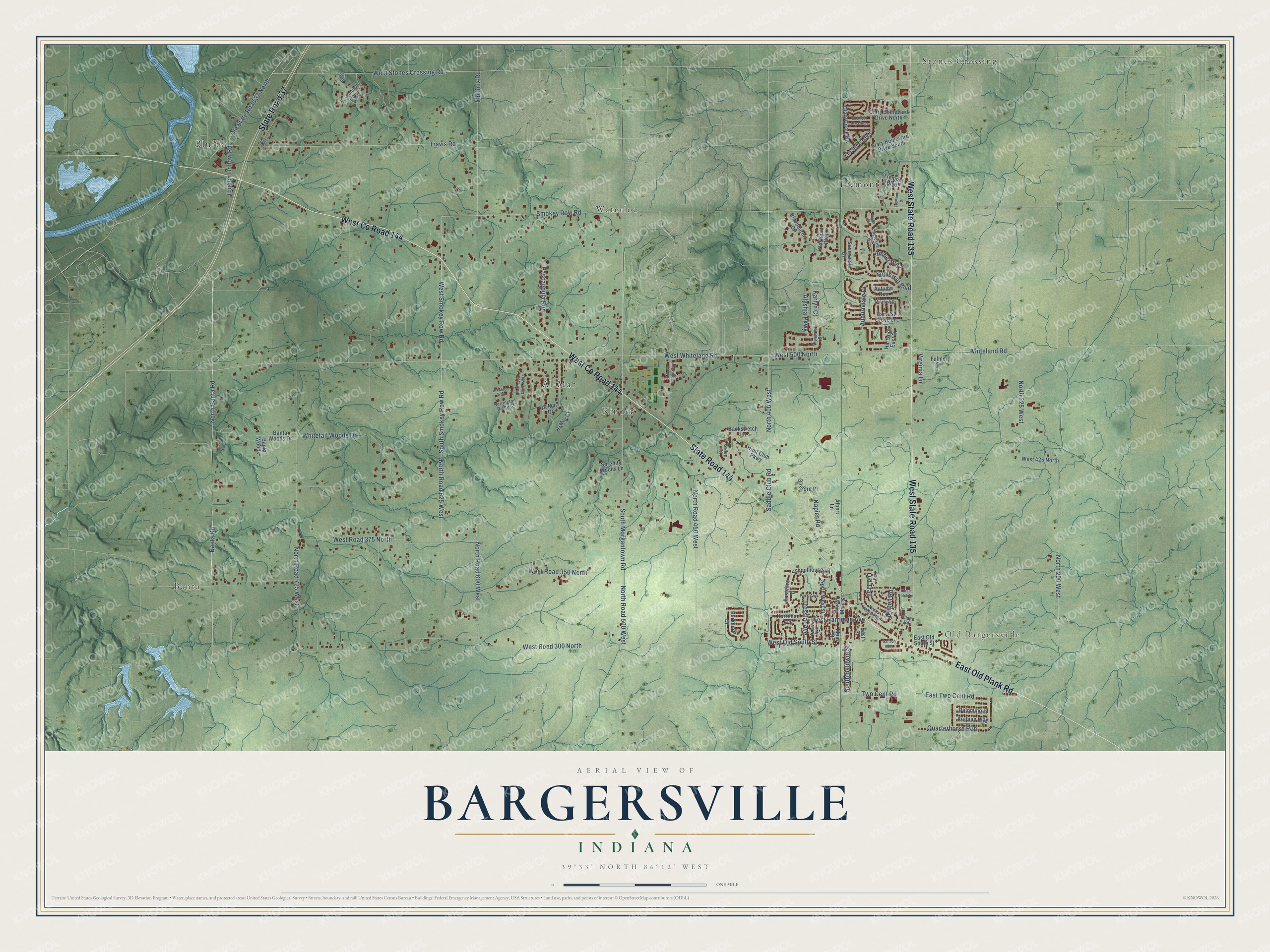 Full map of Bargersville, Indiana, with red buildings, printed street names and the land around them