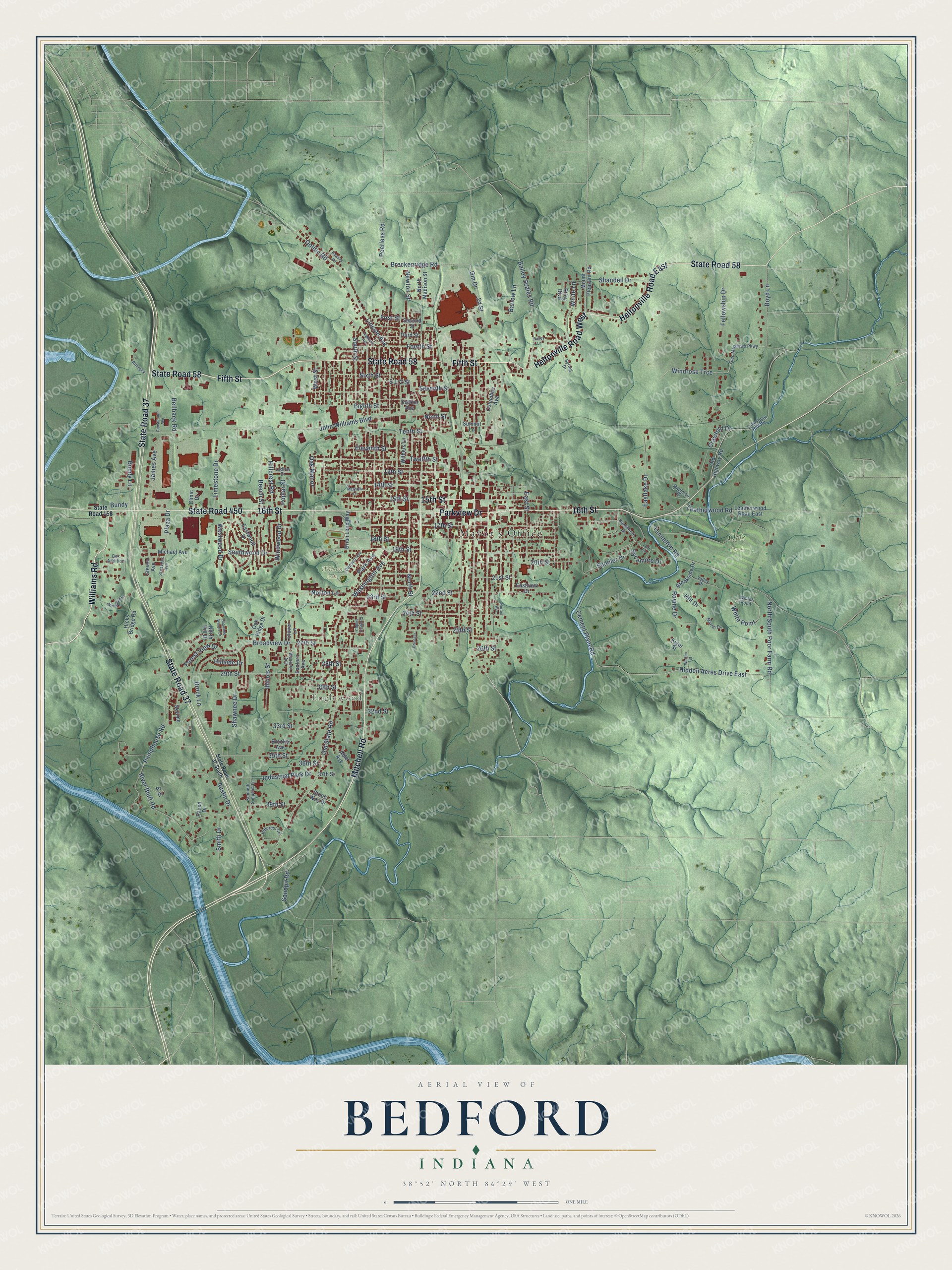 Full map of Bedford, Indiana, with red buildings, printed street names and the land around them