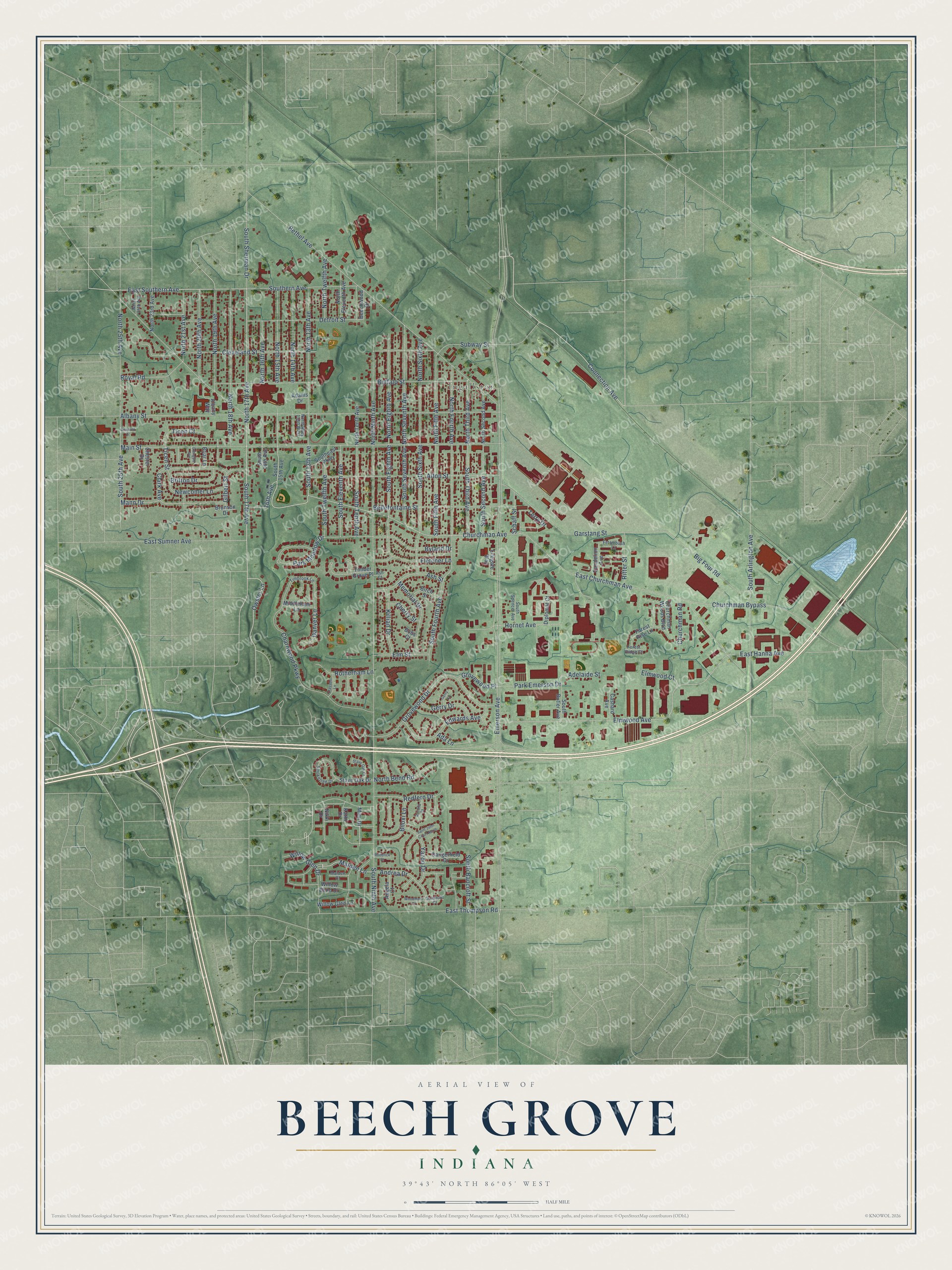 Full map of Beech Grove, Indiana, with red buildings, printed street names and the land around them