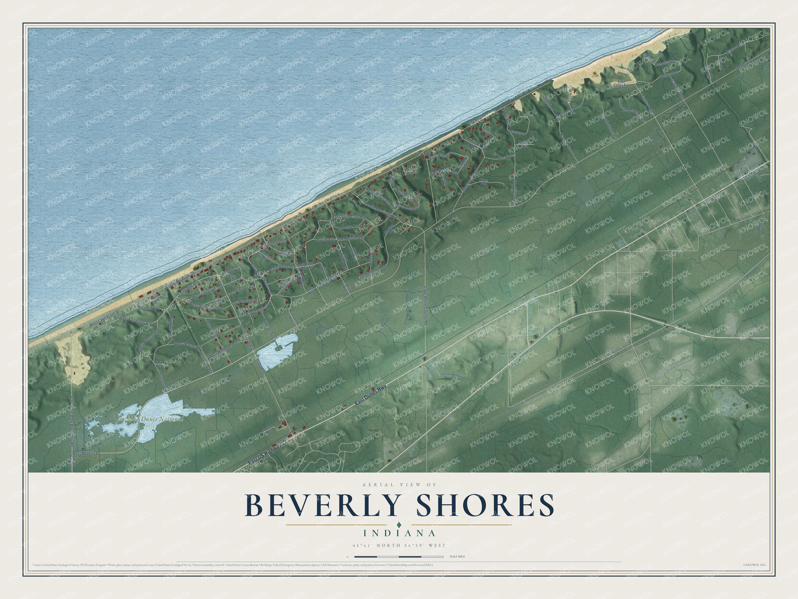 Full map of Beverly Shores, Indiana, with red buildings, printed street names and the land around them