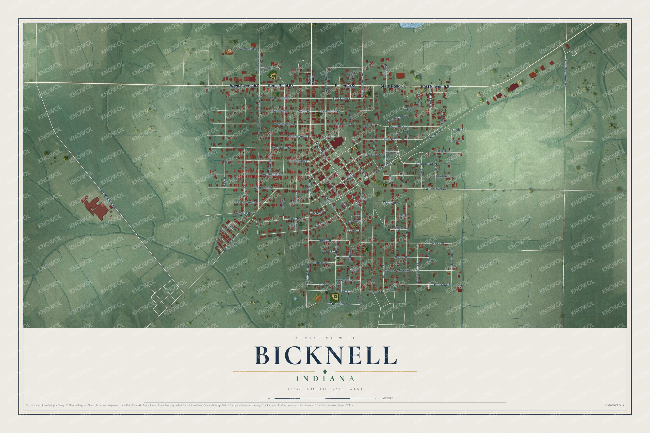 Full map of Bicknell, Indiana, with red buildings, printed street names and the land around them