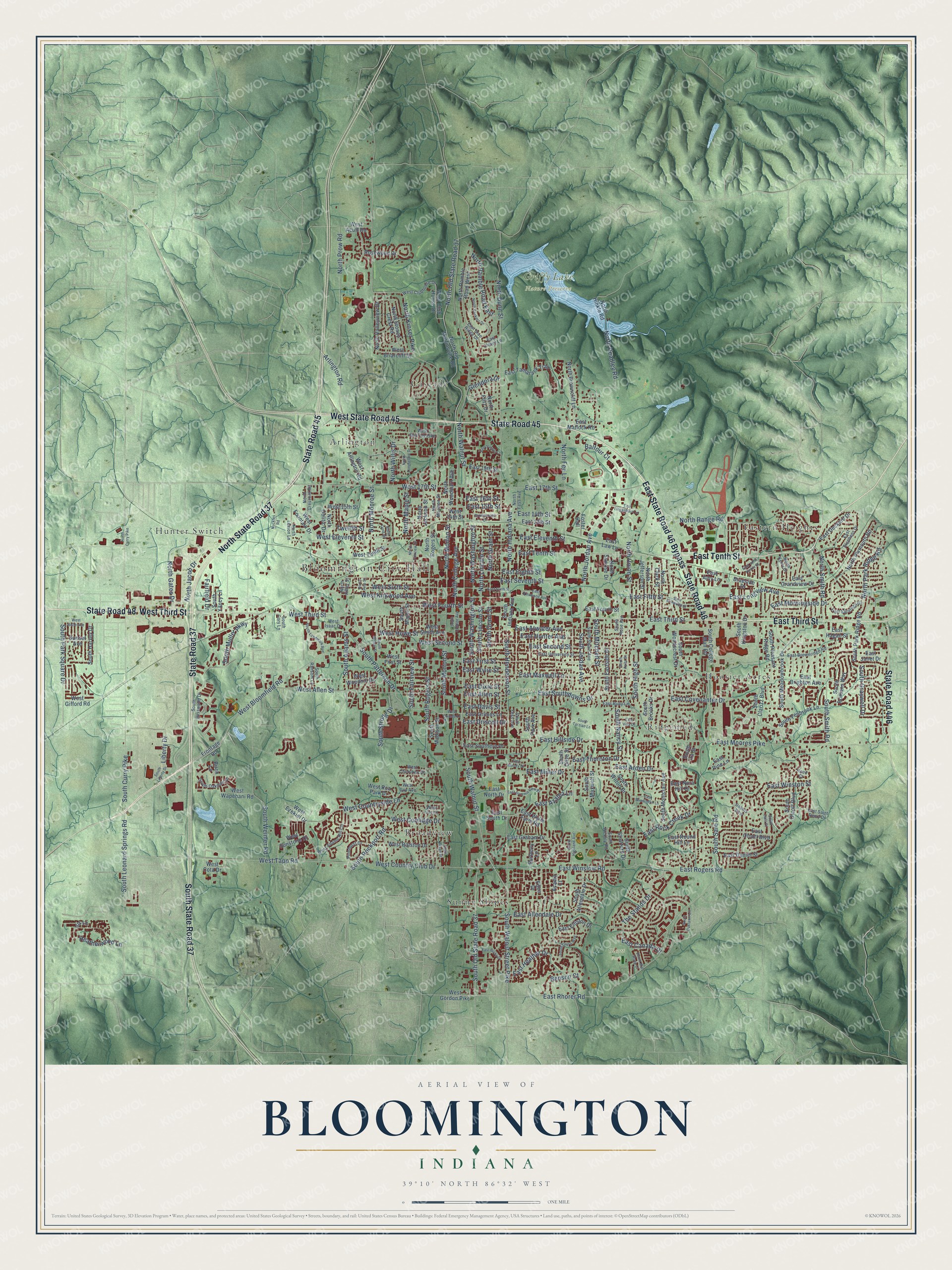 Full map of Bloomington, Indiana, with red buildings, printed street names and the land around them