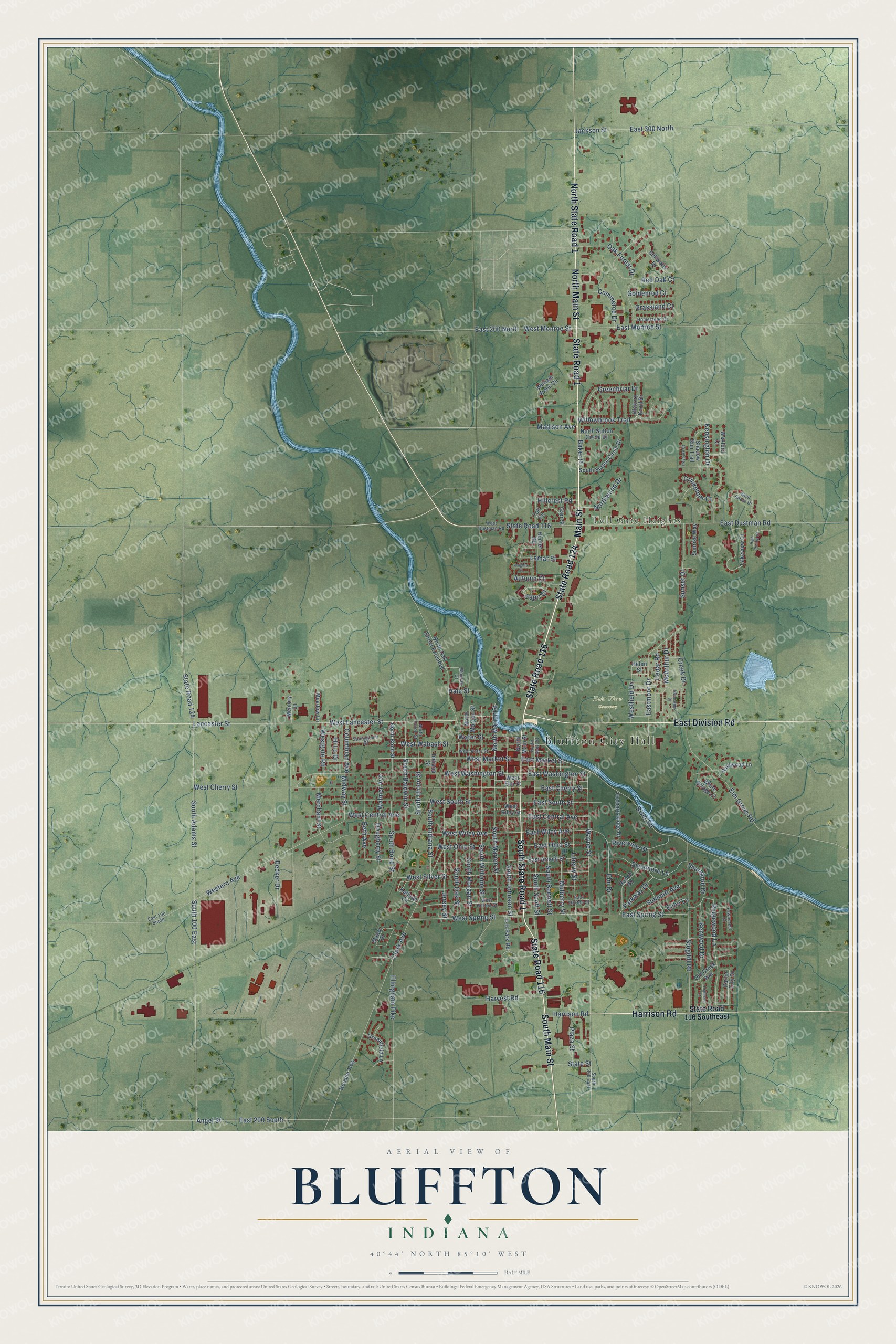 Watermarked full-map preview of Bluffton, Indiana