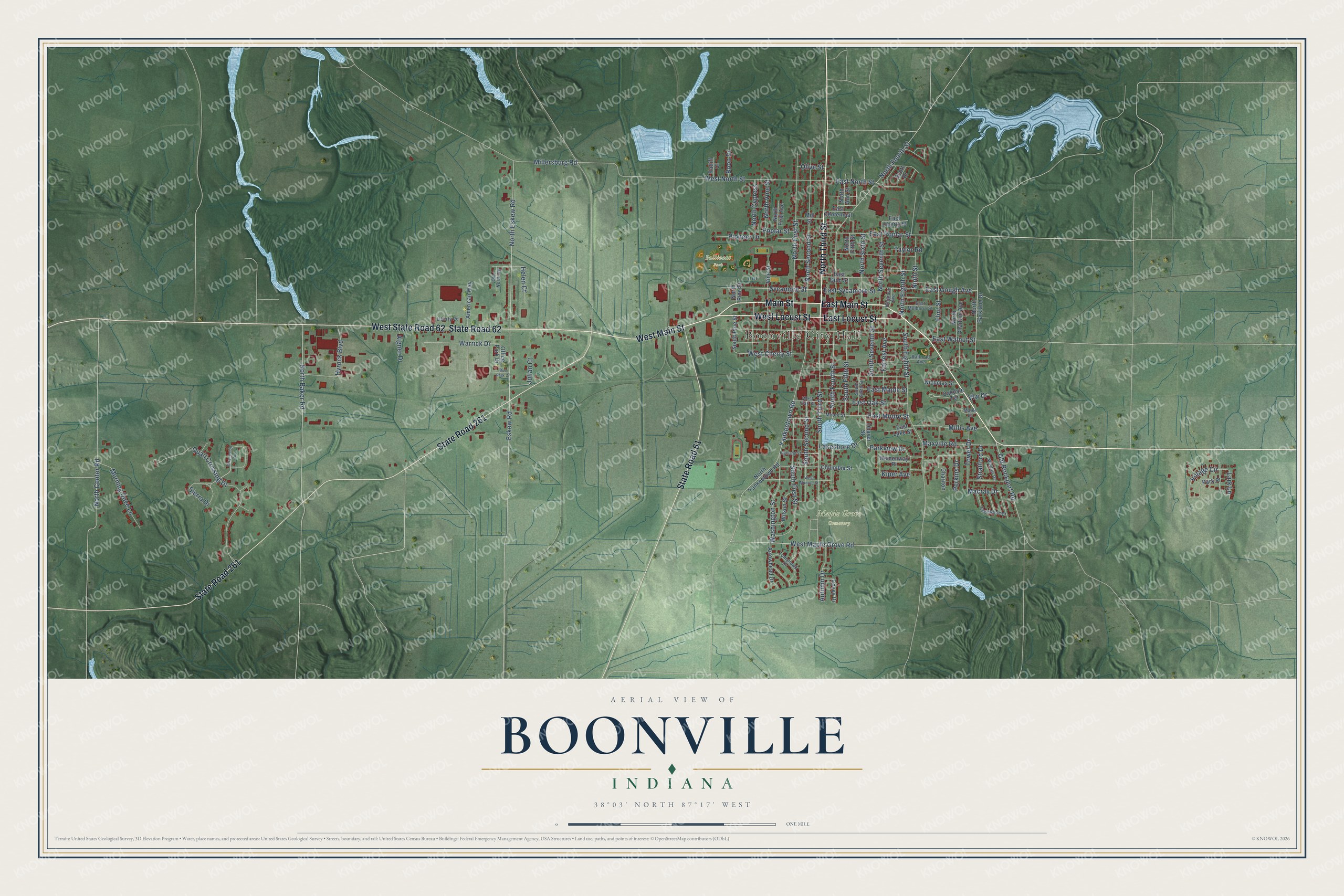 Full map of Boonville, Indiana, with red buildings, printed street names and the land around them
