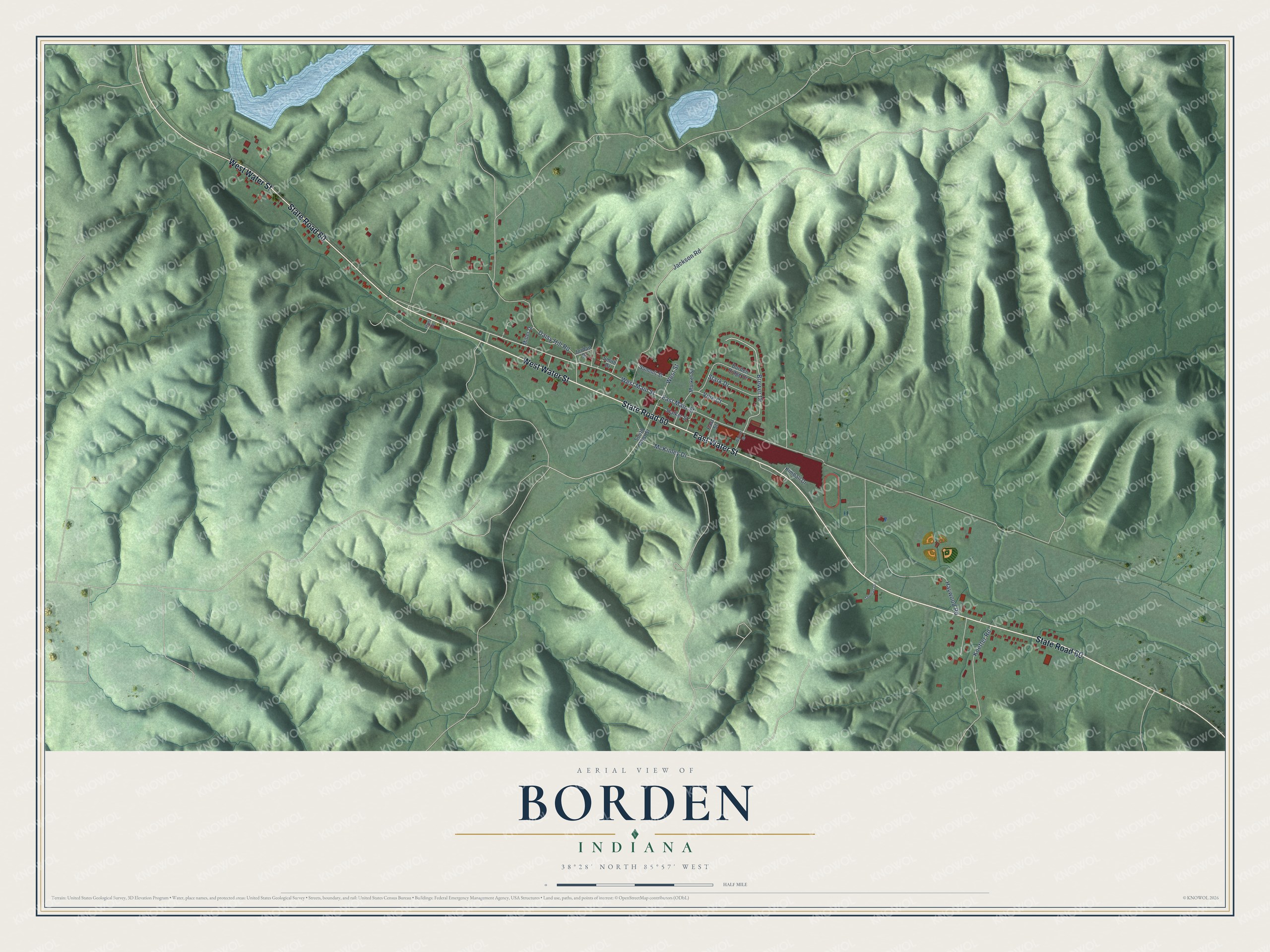 Full map of Borden, Indiana, with red buildings, printed street names and the land around them