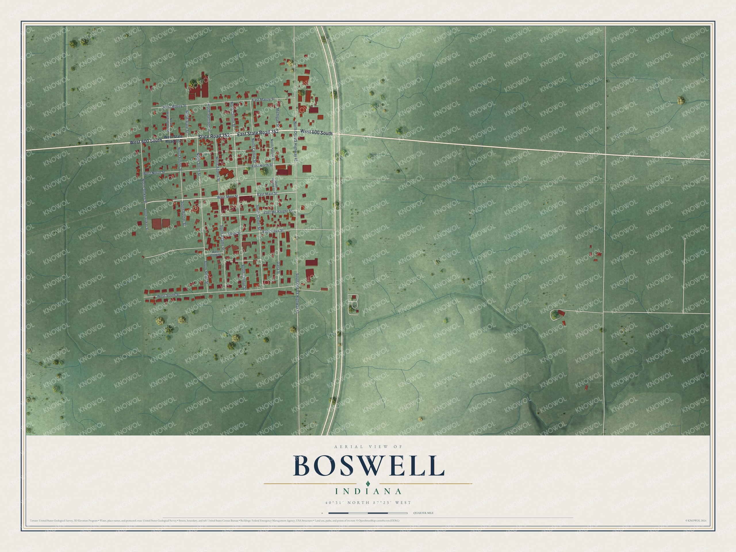Full map of Boswell, Indiana, with red buildings, printed street names and the land around them