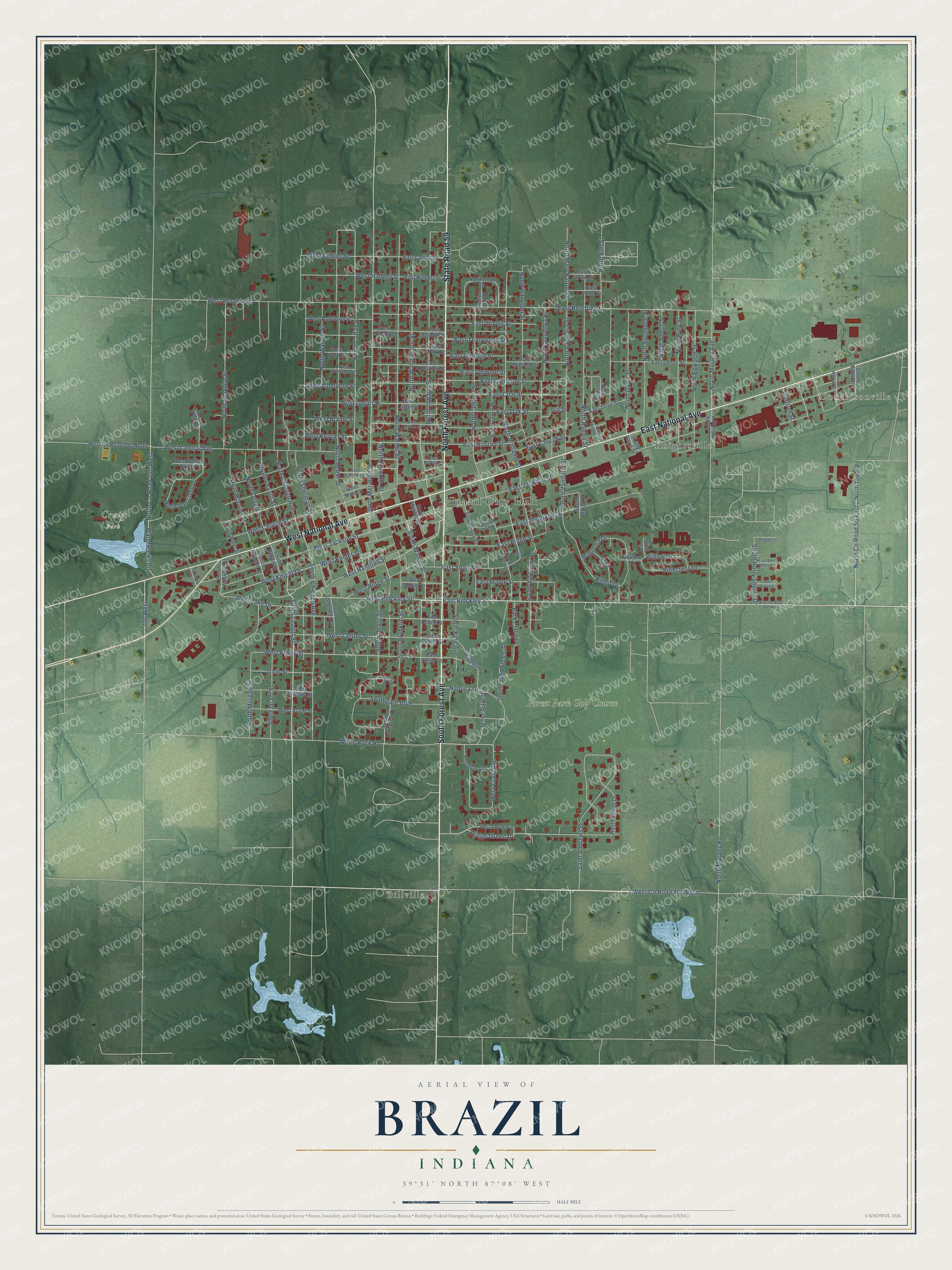 Full map of Brazil, Indiana, with red buildings, printed street names and the land around them