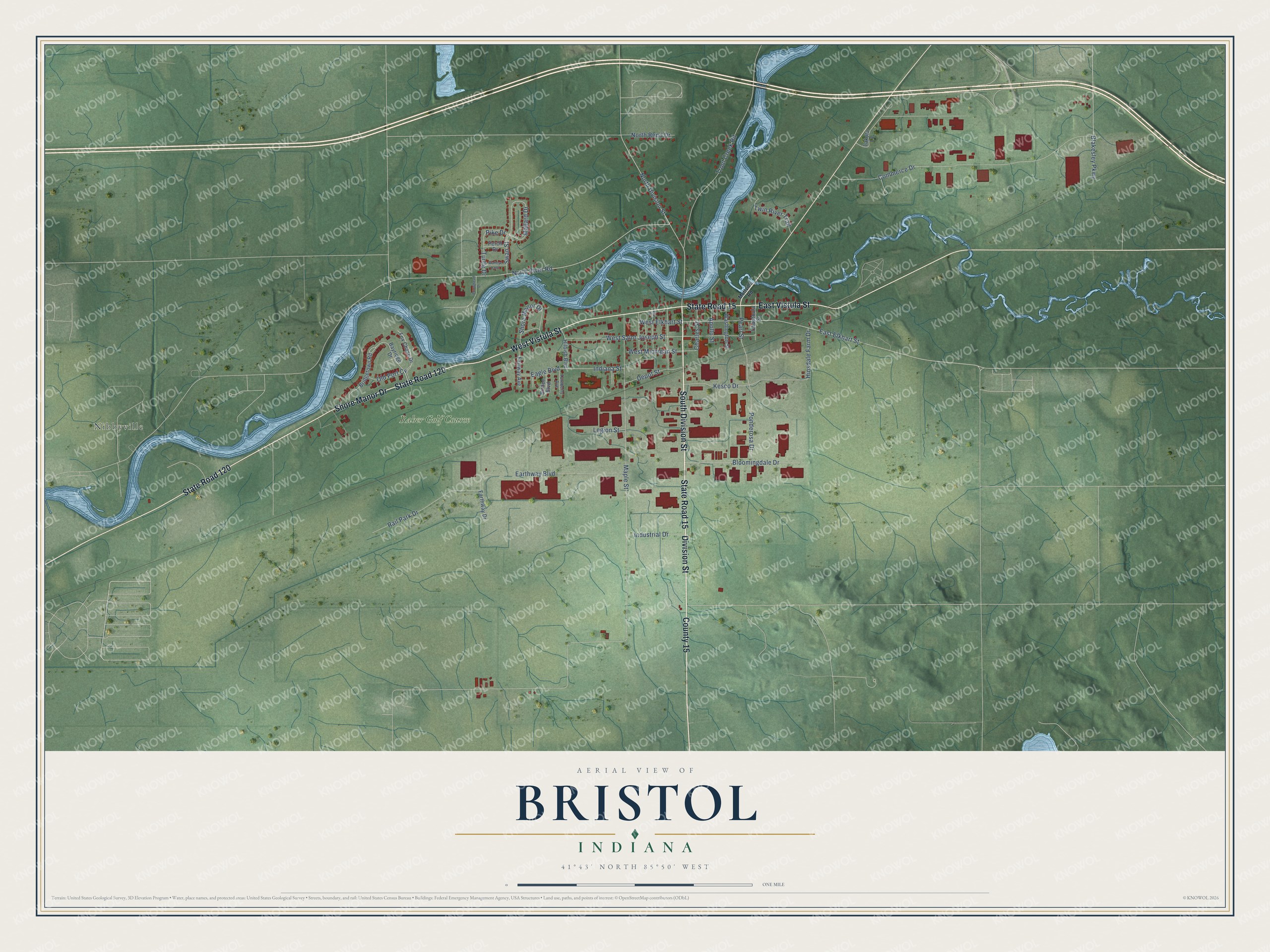 Full map of Bristol, Indiana, with red buildings, printed street names and the land around them