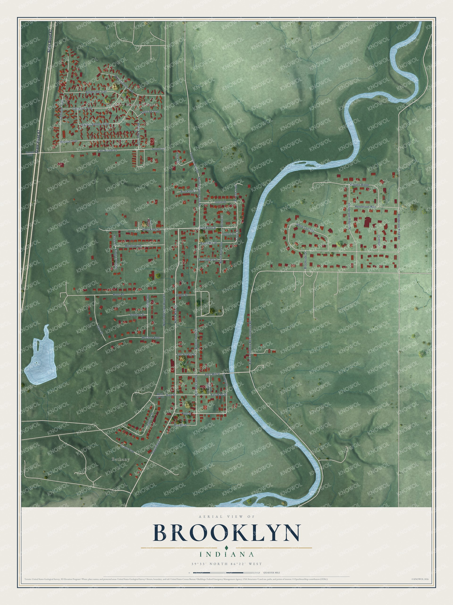 Full map of Brooklyn, Indiana, with red buildings, printed street names and the land around them