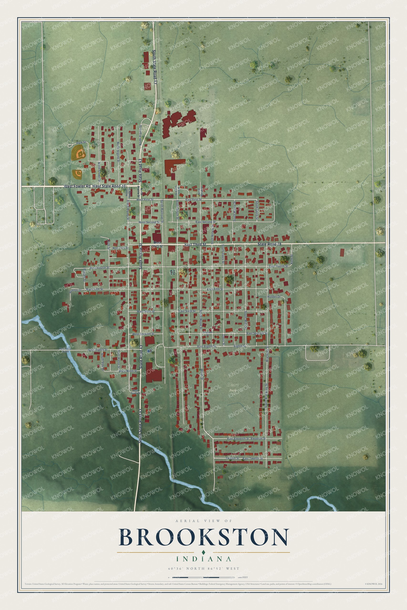 Full map of Brookston, Indiana, with red buildings, printed street names and the land around them