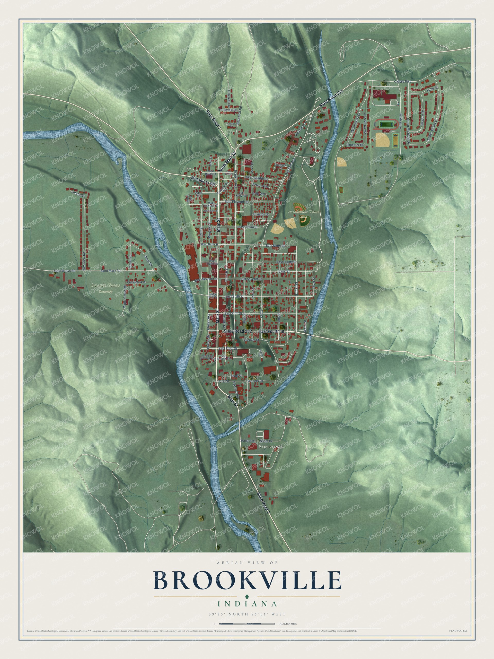 Full map of Brookville, Indiana, with red buildings, printed street names and the land around them