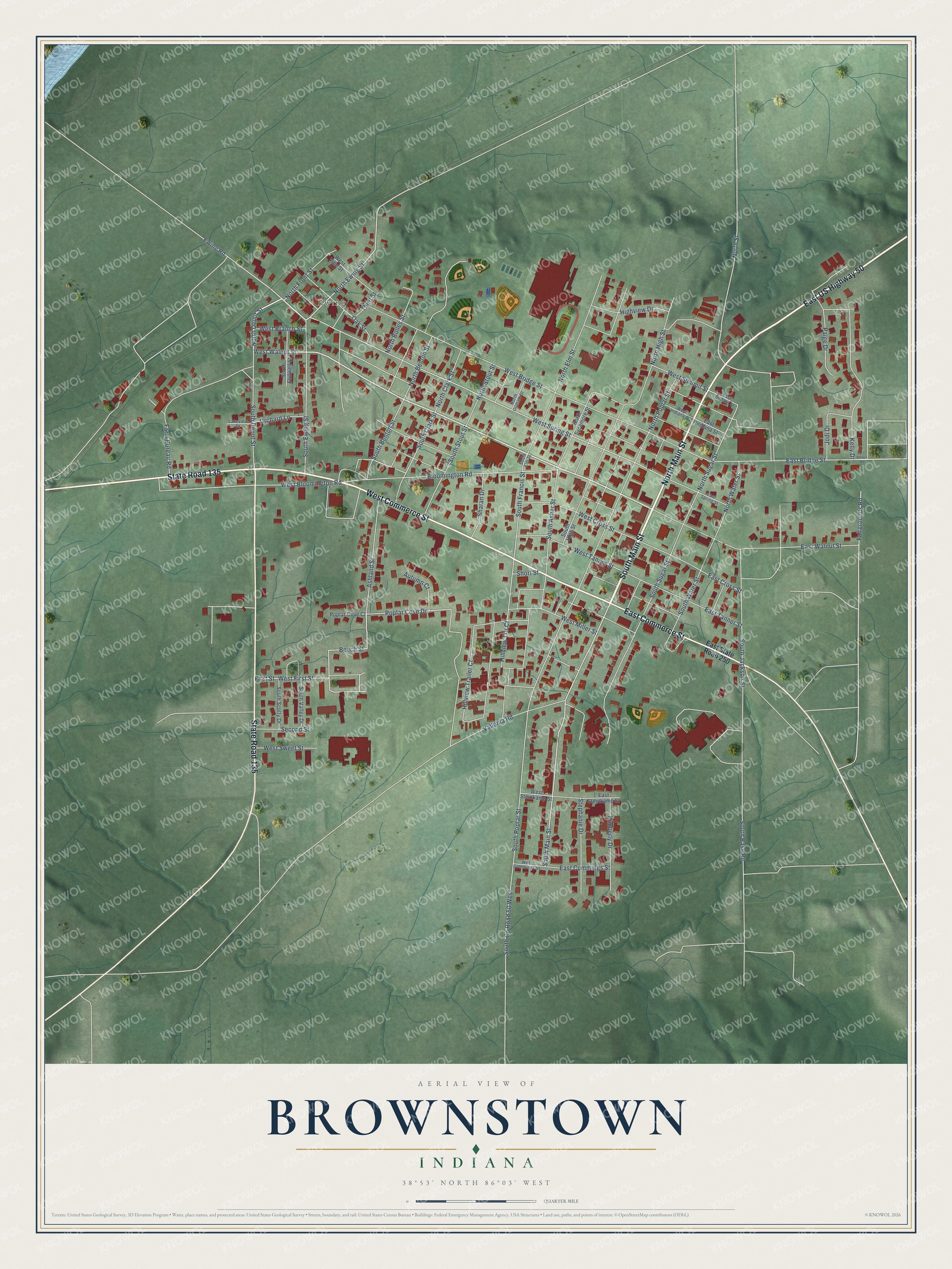 Full map of Brownstown, Indiana, with red buildings, printed street names and the land around them