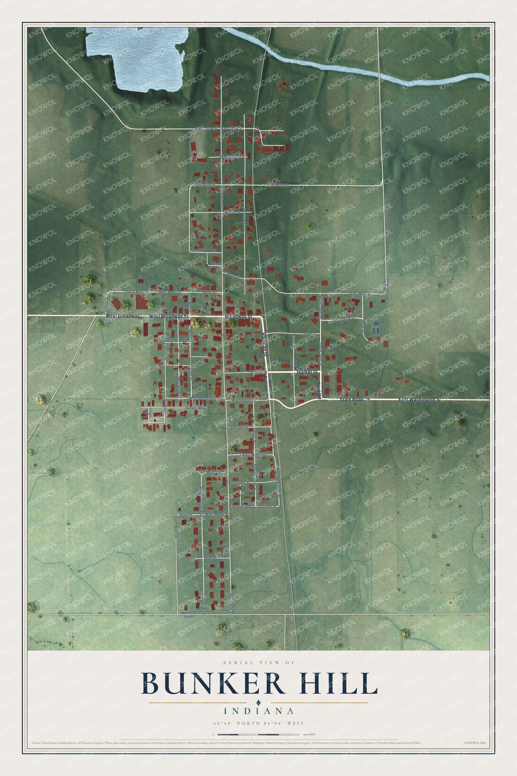 Full map of Bunker Hill, Indiana, with red buildings, printed street names and the land around them