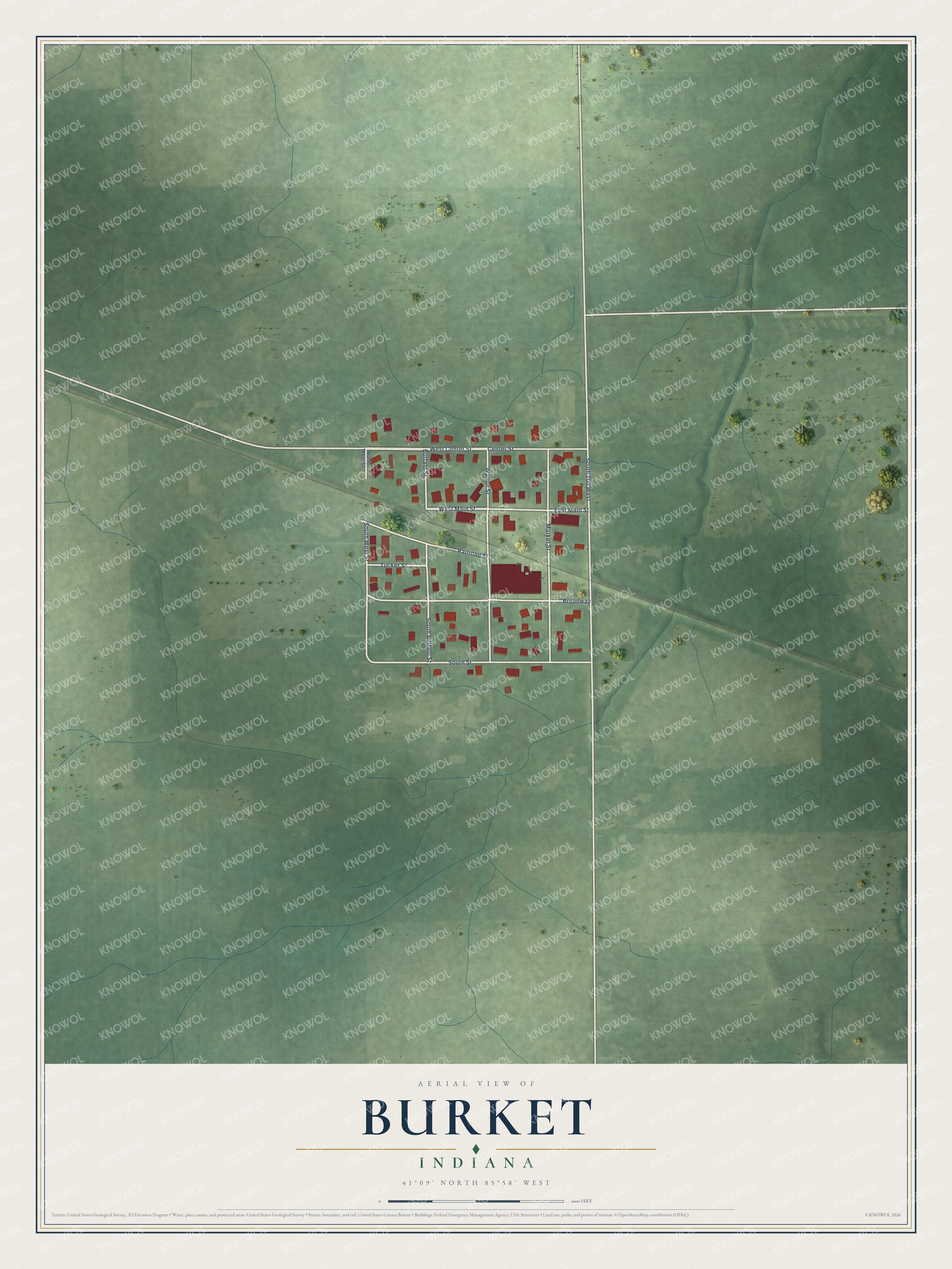 Full map of Burket, Indiana, with red buildings, printed street names and the land around them