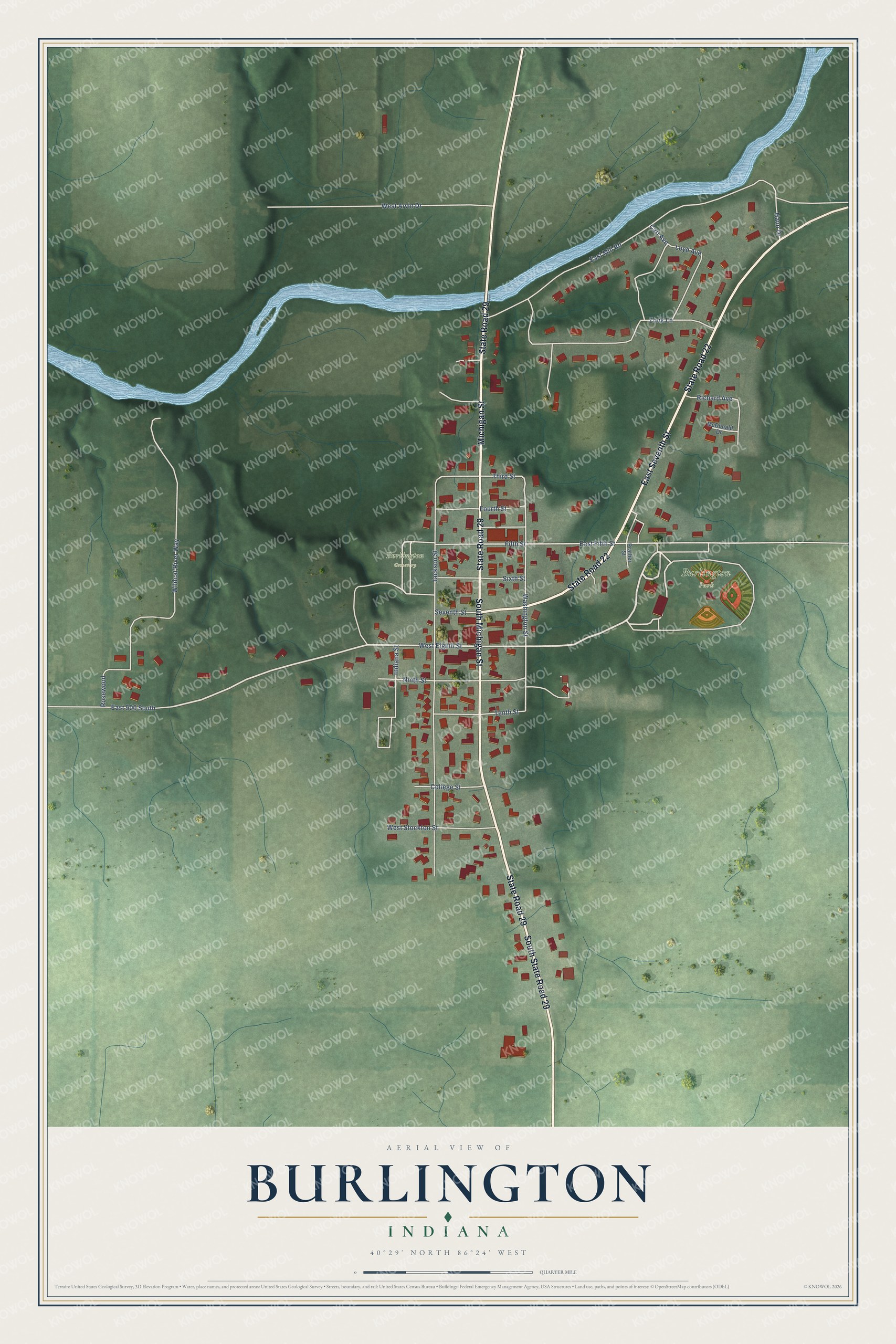 Full map of Burlington, Indiana, with red buildings, printed street names and the land around them