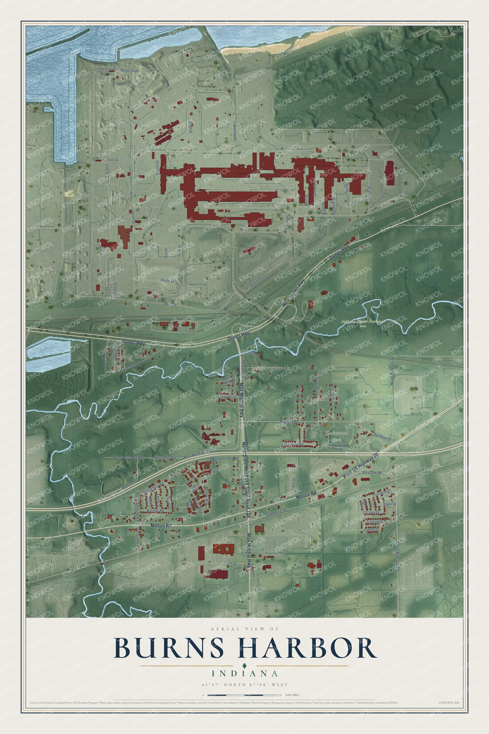 Full map of Burns Harbor, Indiana, with red buildings, printed street names and the land around them