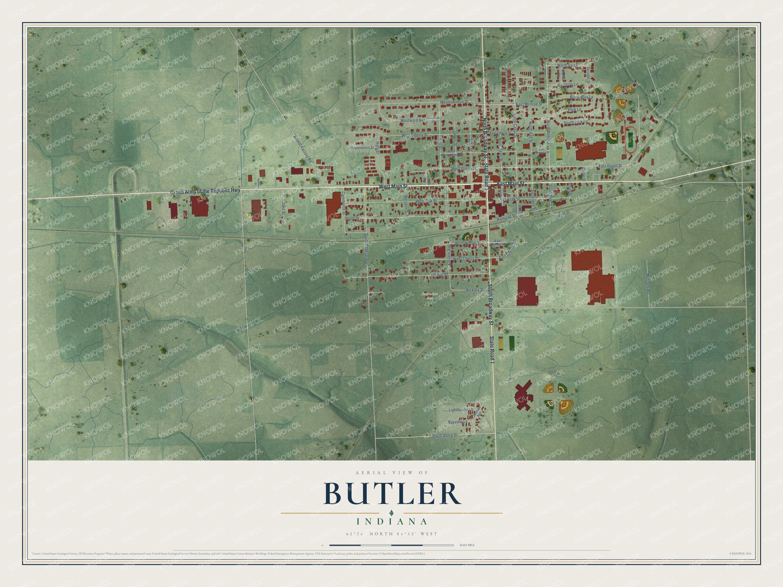 Full map of Butler, Indiana, with red buildings, printed street names and the land around them