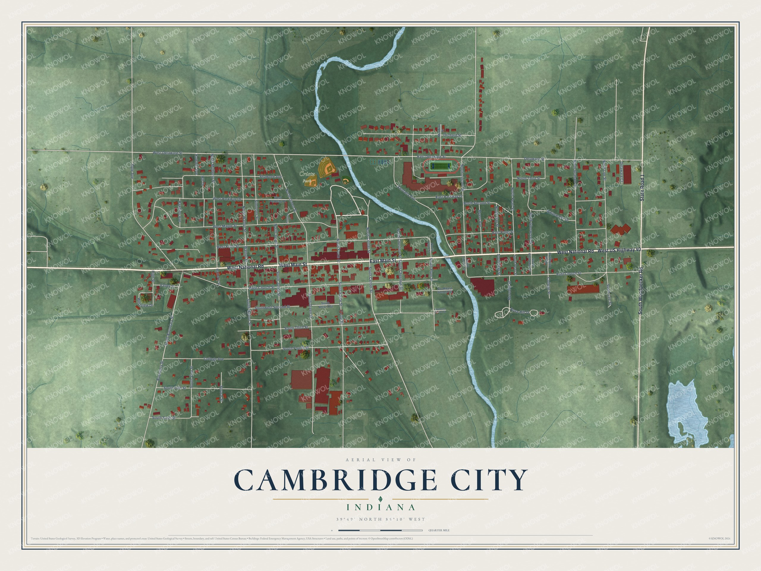 Full map of Cambridge City, Indiana, with red buildings, printed street names and the land around them
