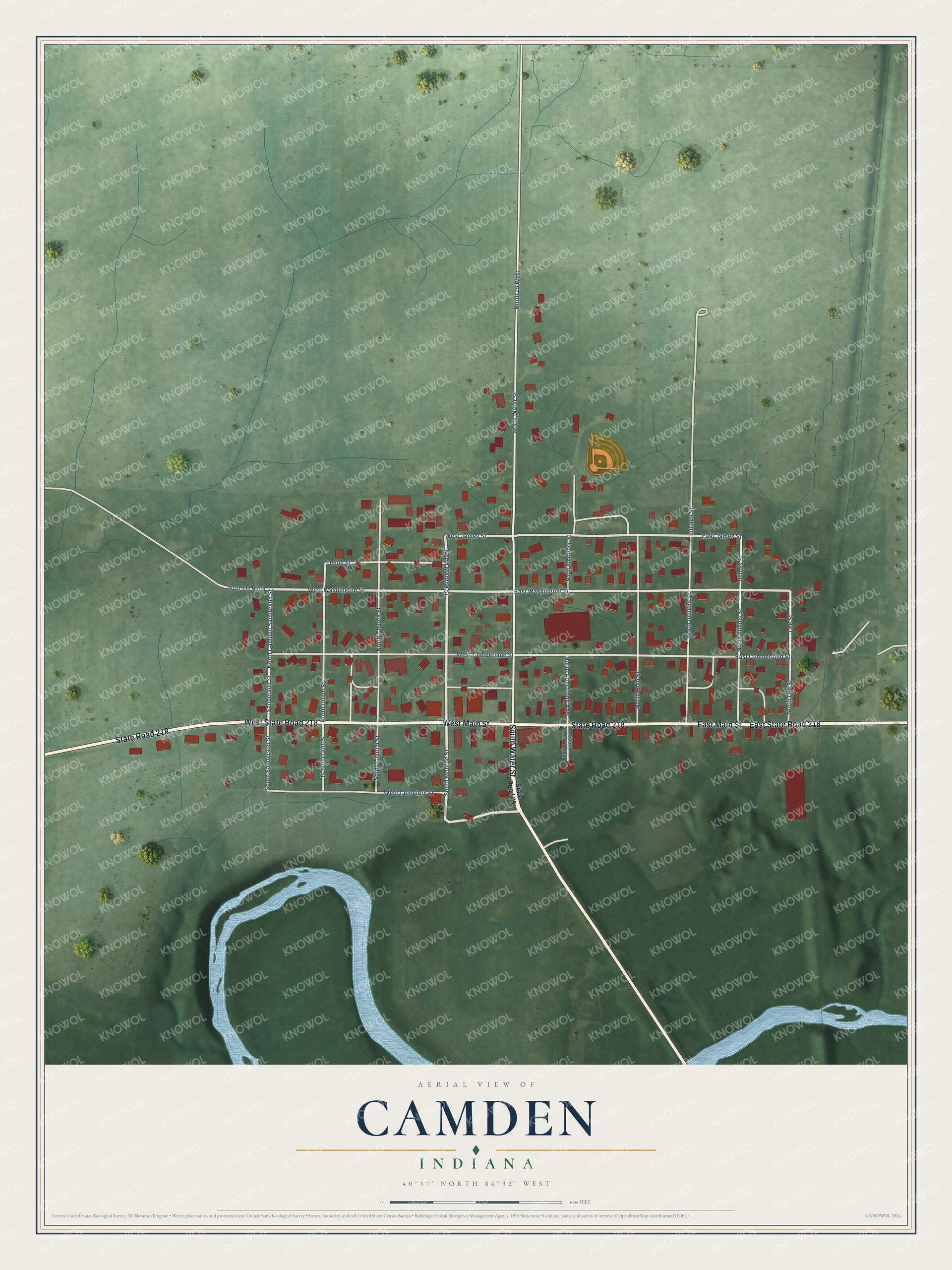 Full map of Camden, Indiana, with red buildings, printed street names and the land around them