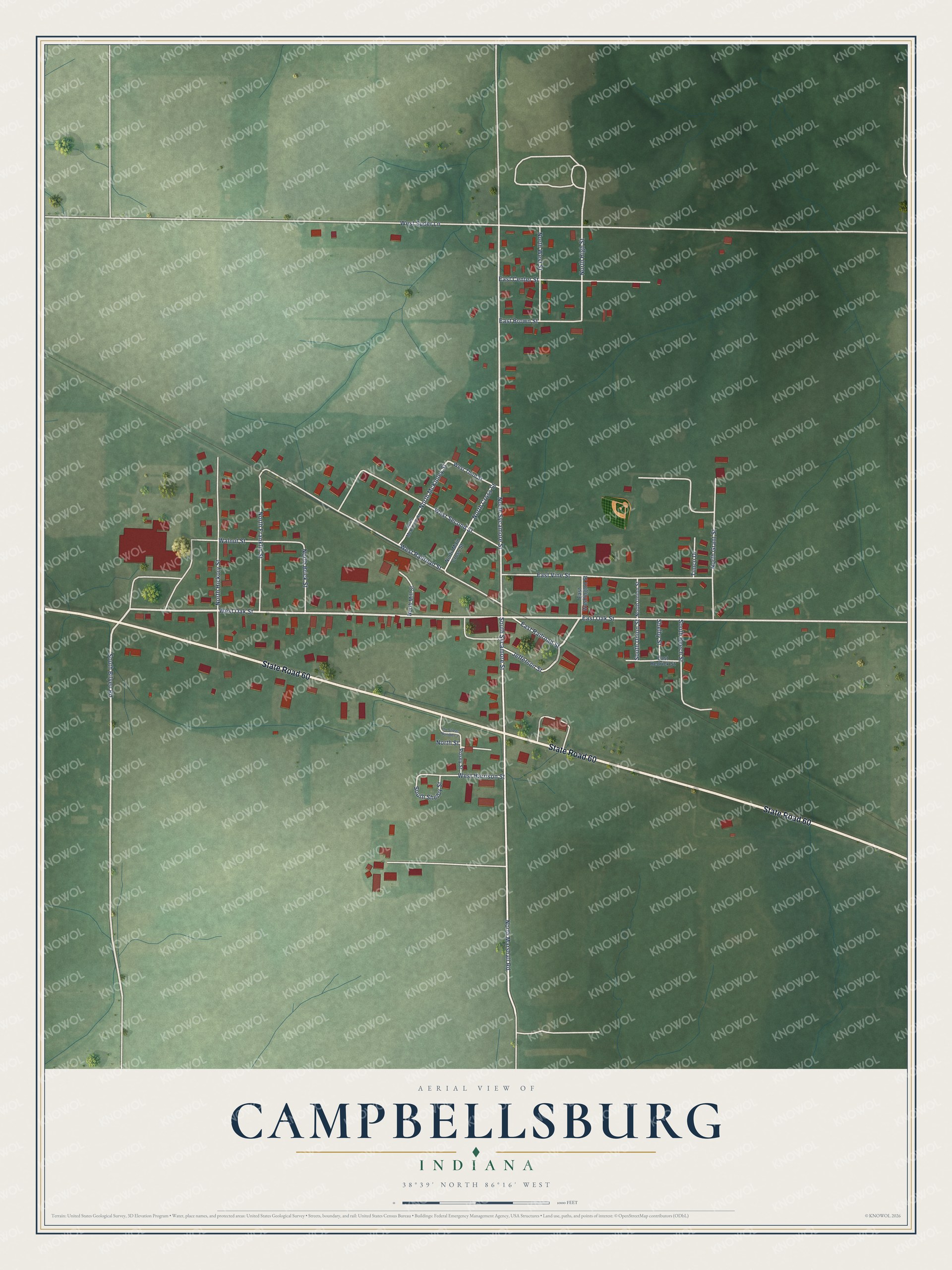 Full map of Campbellsburg, Indiana, with red buildings, printed street names and the land around them