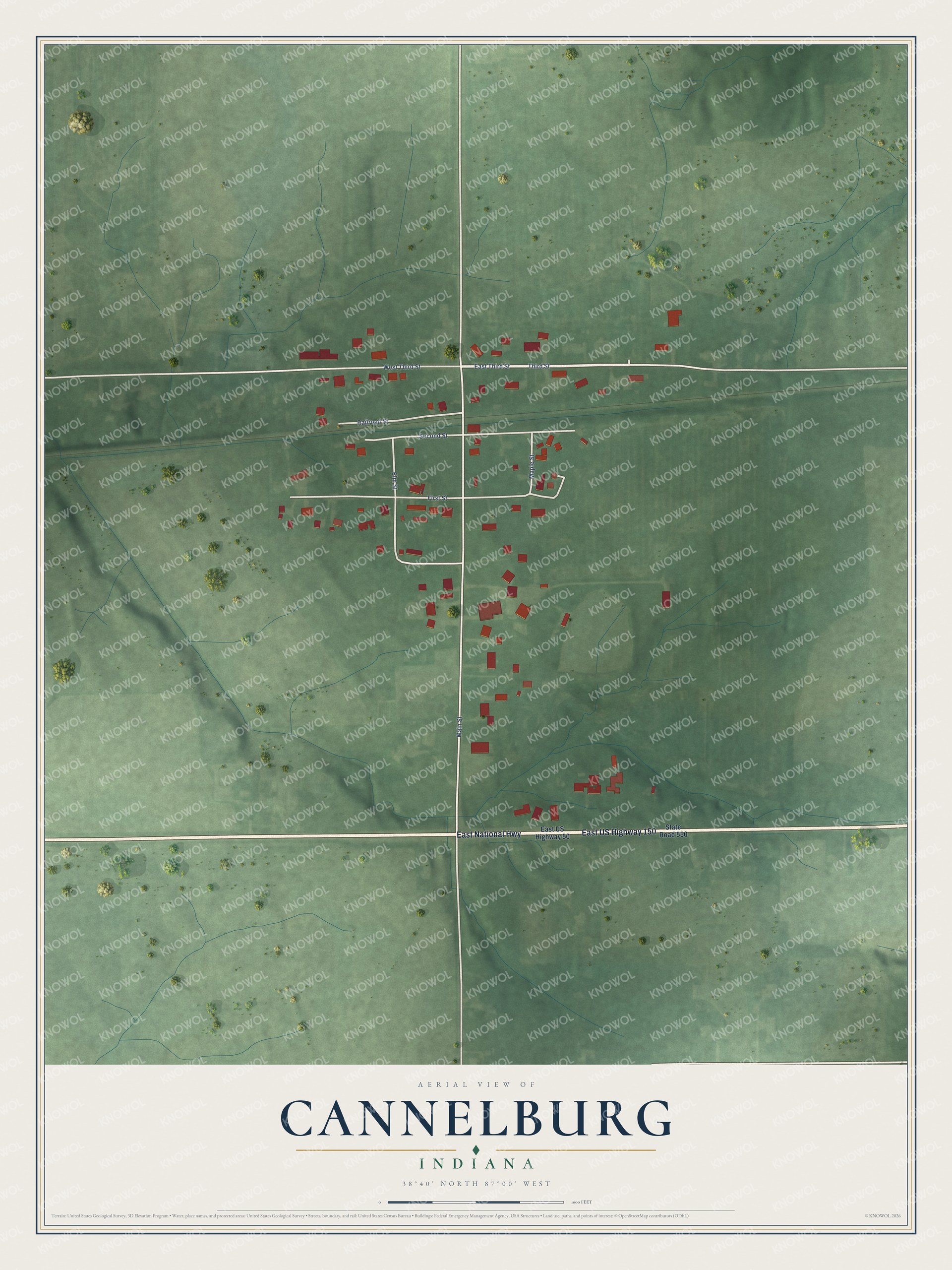 Full map of Cannelburg, Indiana, with red buildings, printed street names and the land around them