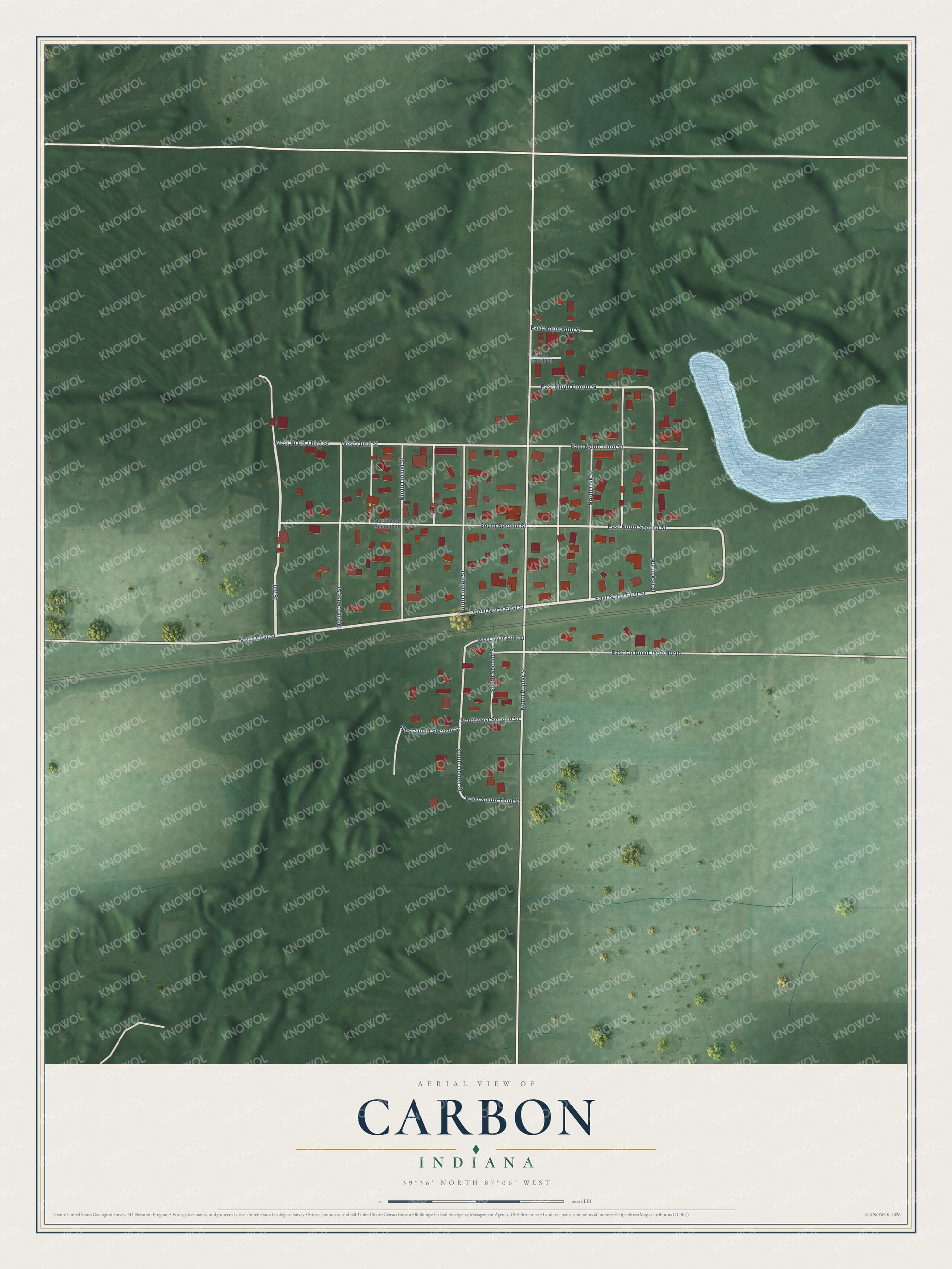 Full map of Carbon, Indiana, with red buildings, printed street names and the land around them
