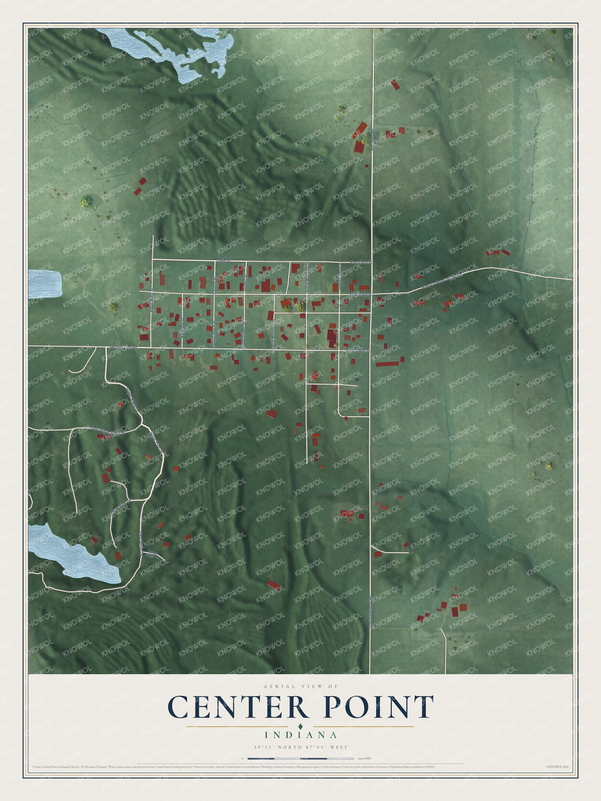 Full map of Center Point, Indiana, with red buildings, printed street names and the land around them