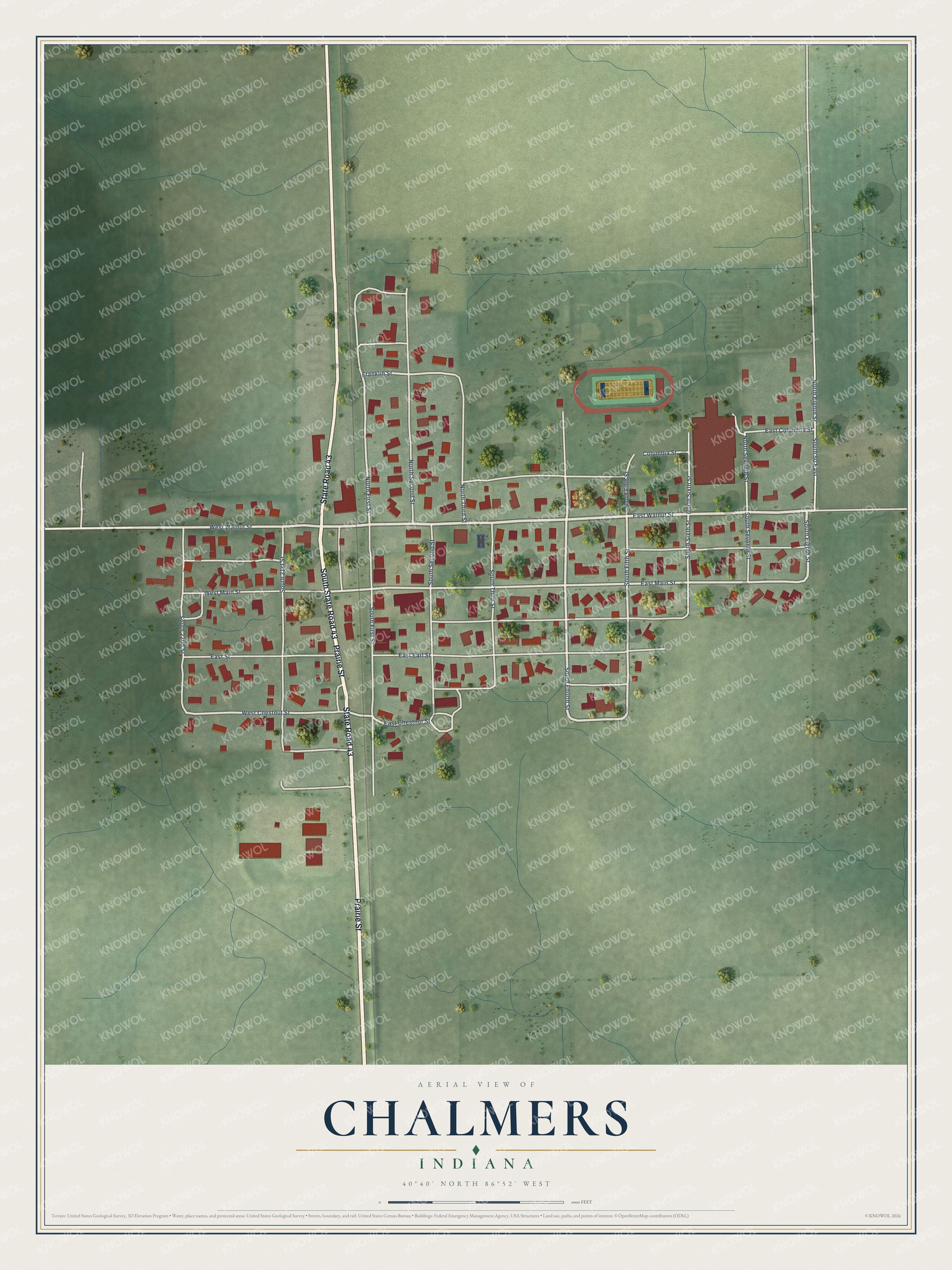 Full map of Chalmers, Indiana, with red buildings, printed street names and the land around them
