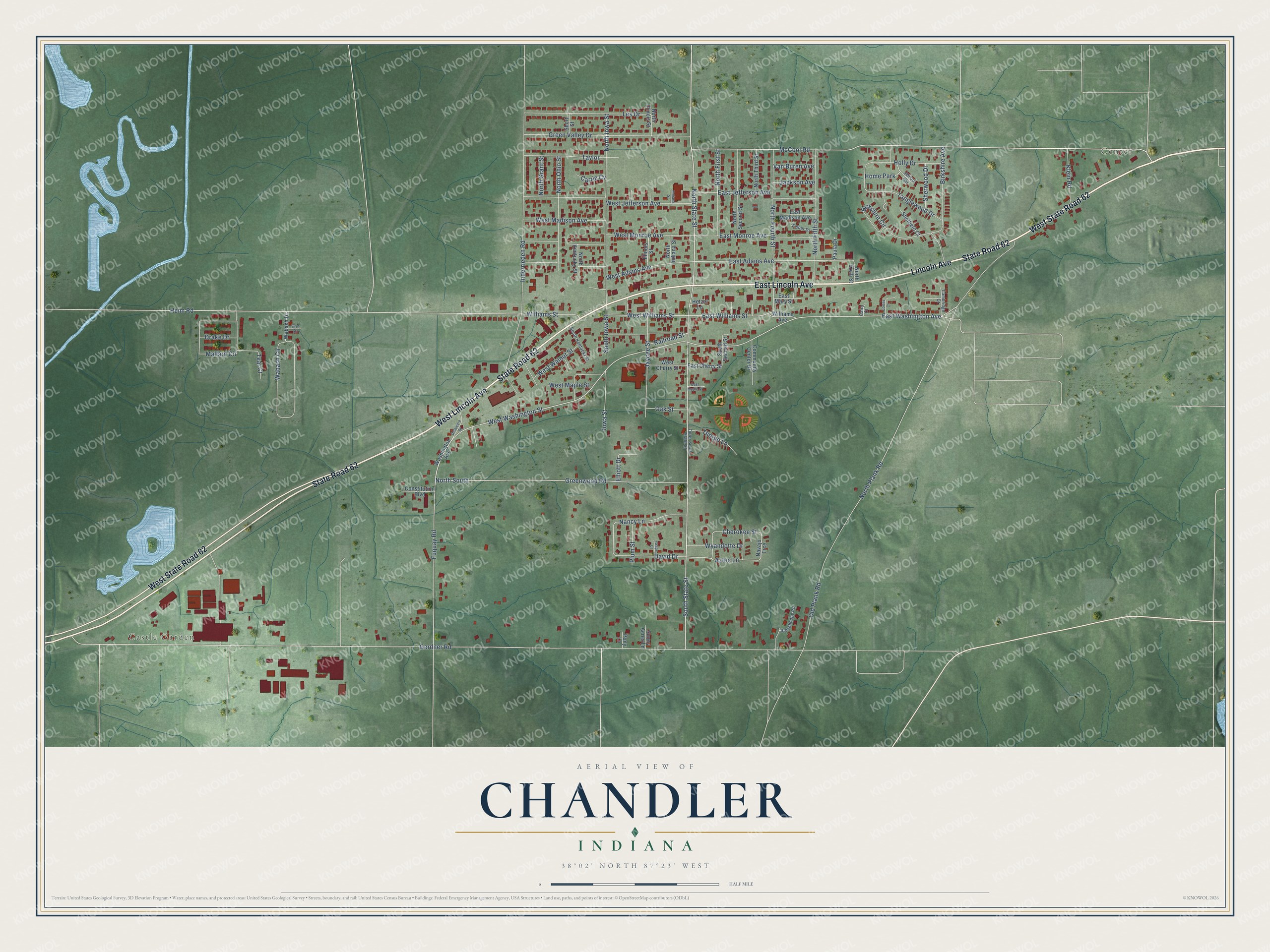Full map of Chandler, Indiana, with red buildings, printed street names and the land around them