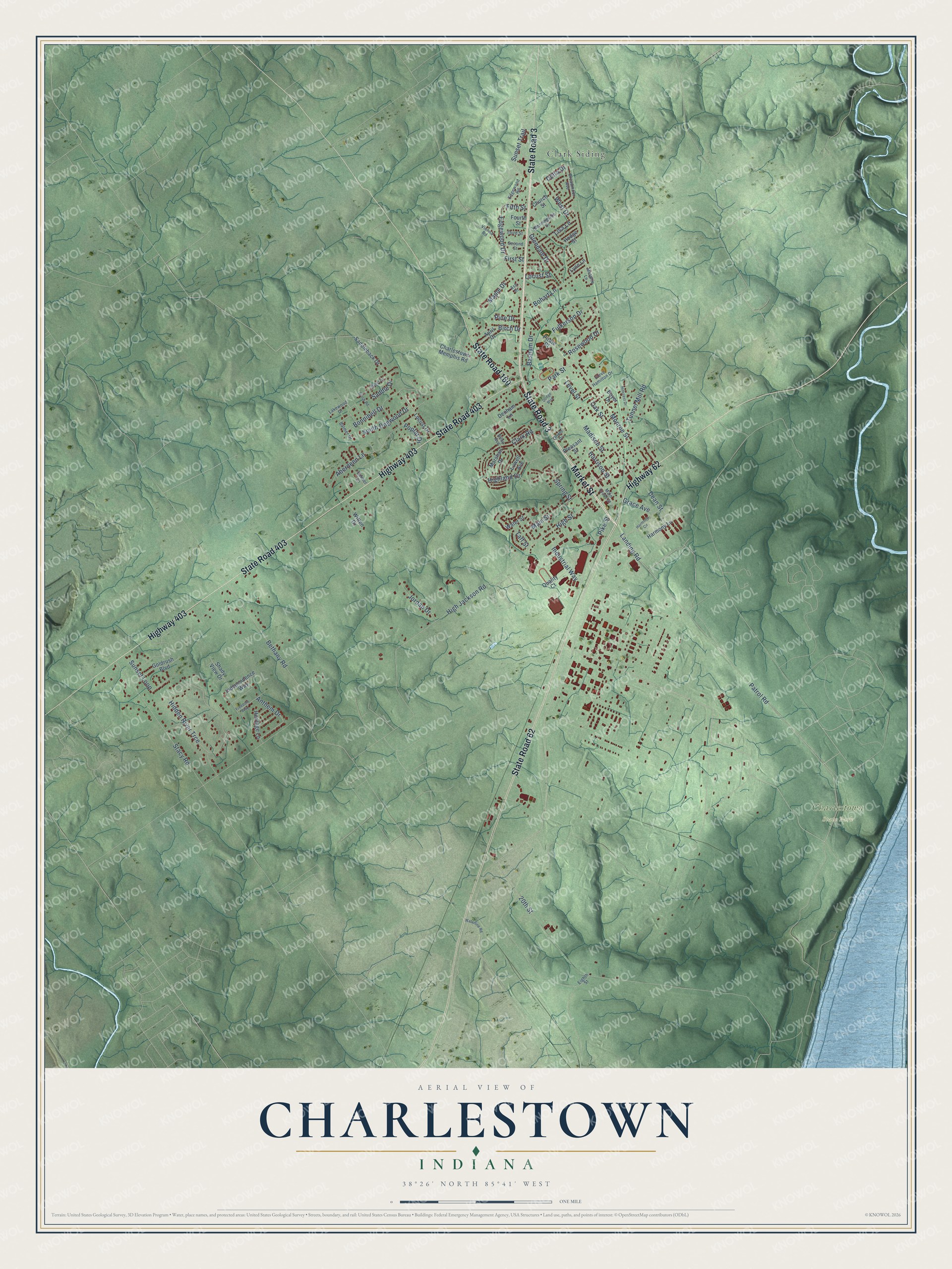 Full map of Charlestown, Indiana, with red buildings, printed street names and the land around them