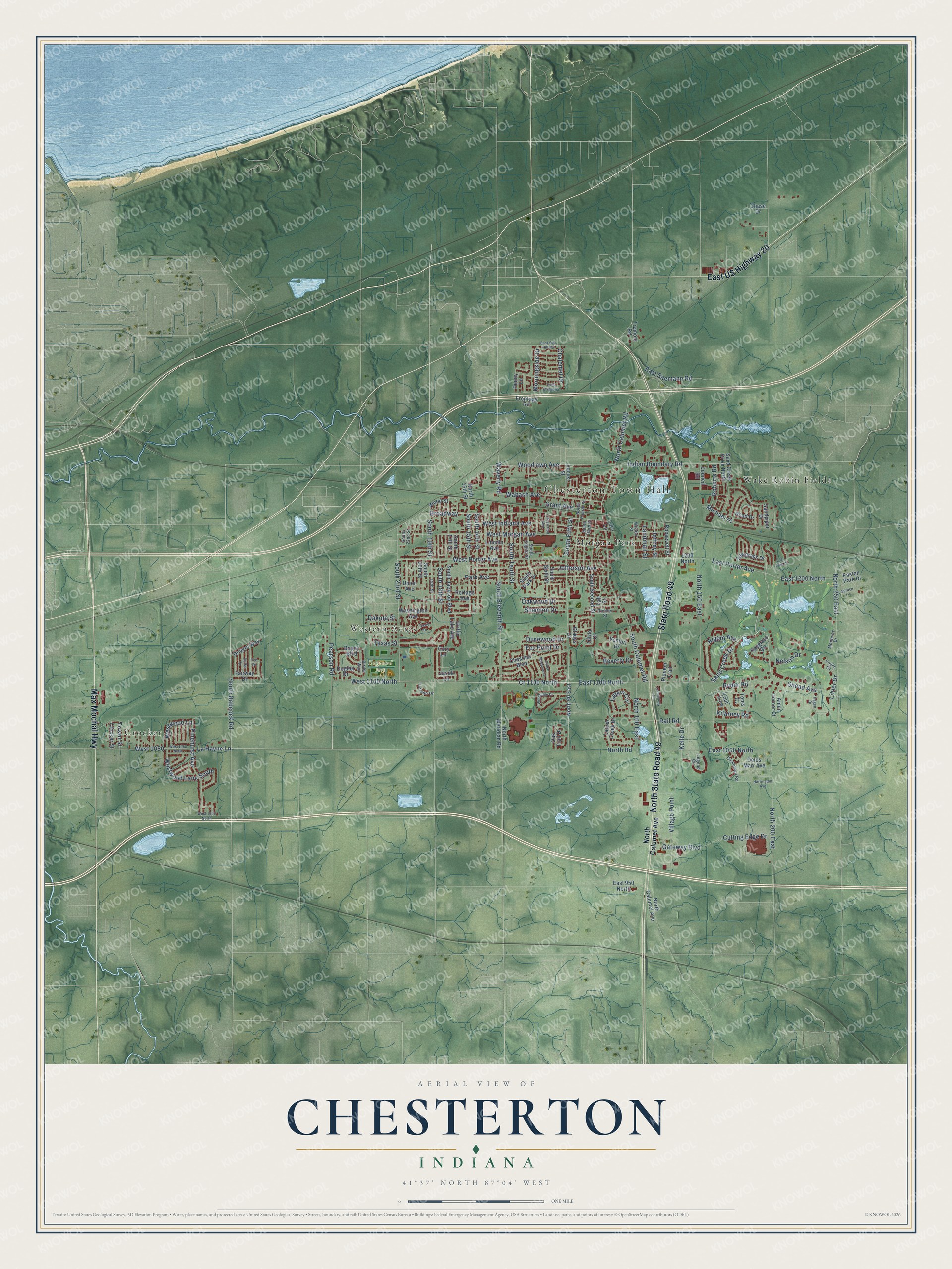 Full map of Chesterton, Indiana, with red buildings, printed street names and the land around them