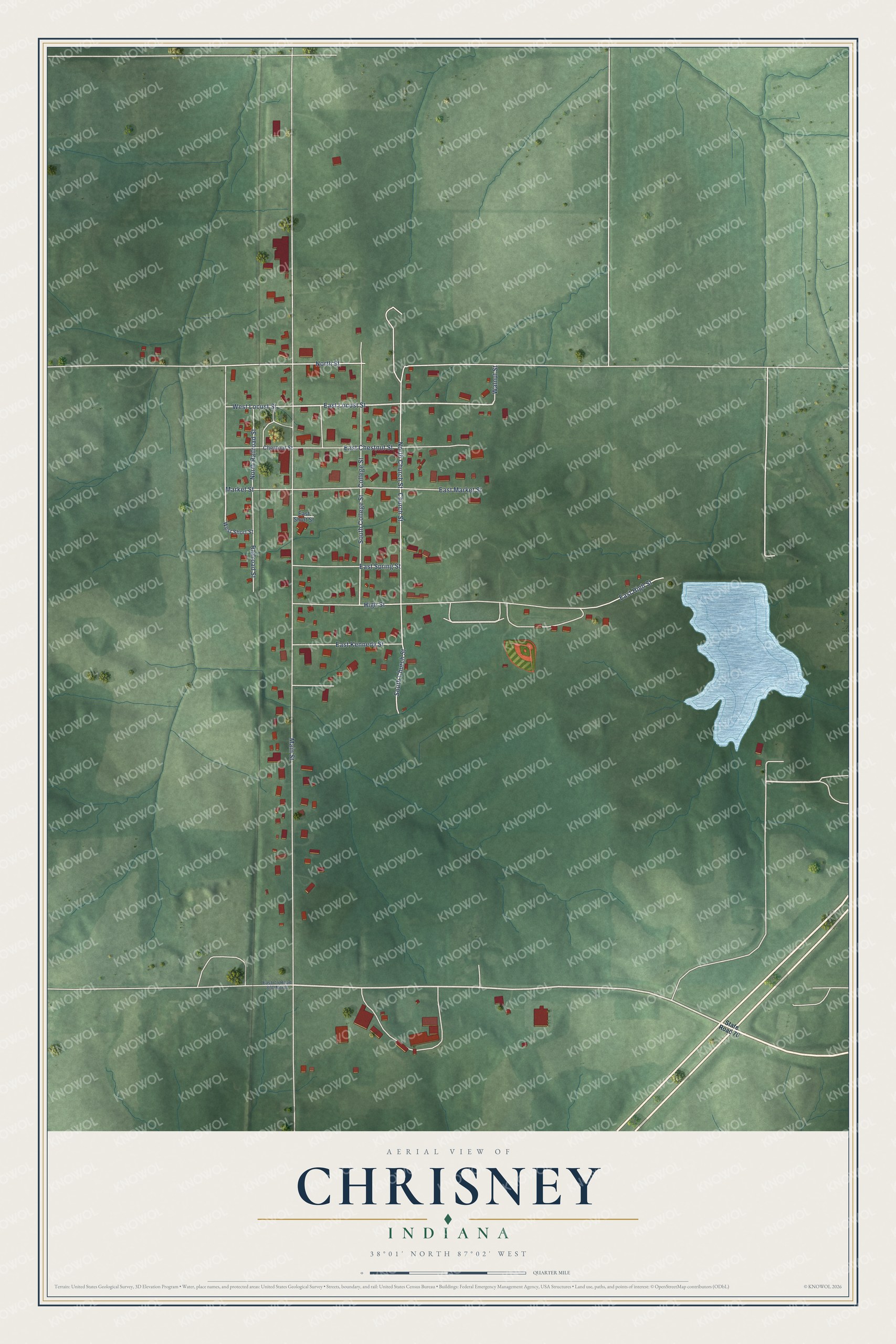 Full map of Chrisney, Indiana, with red buildings, printed street names and the land around them