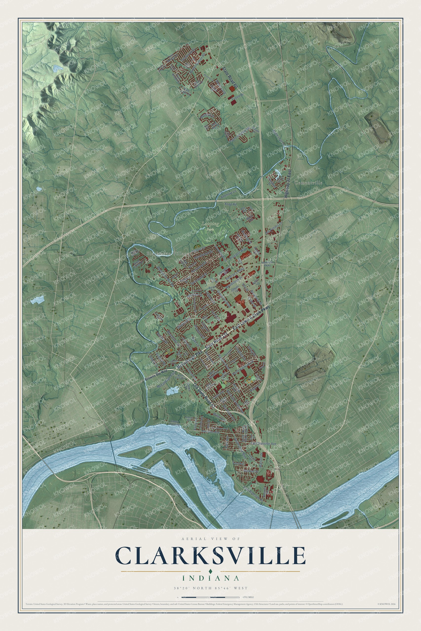 Full map of Clarksville, Indiana, with red buildings, printed street names and the land around them