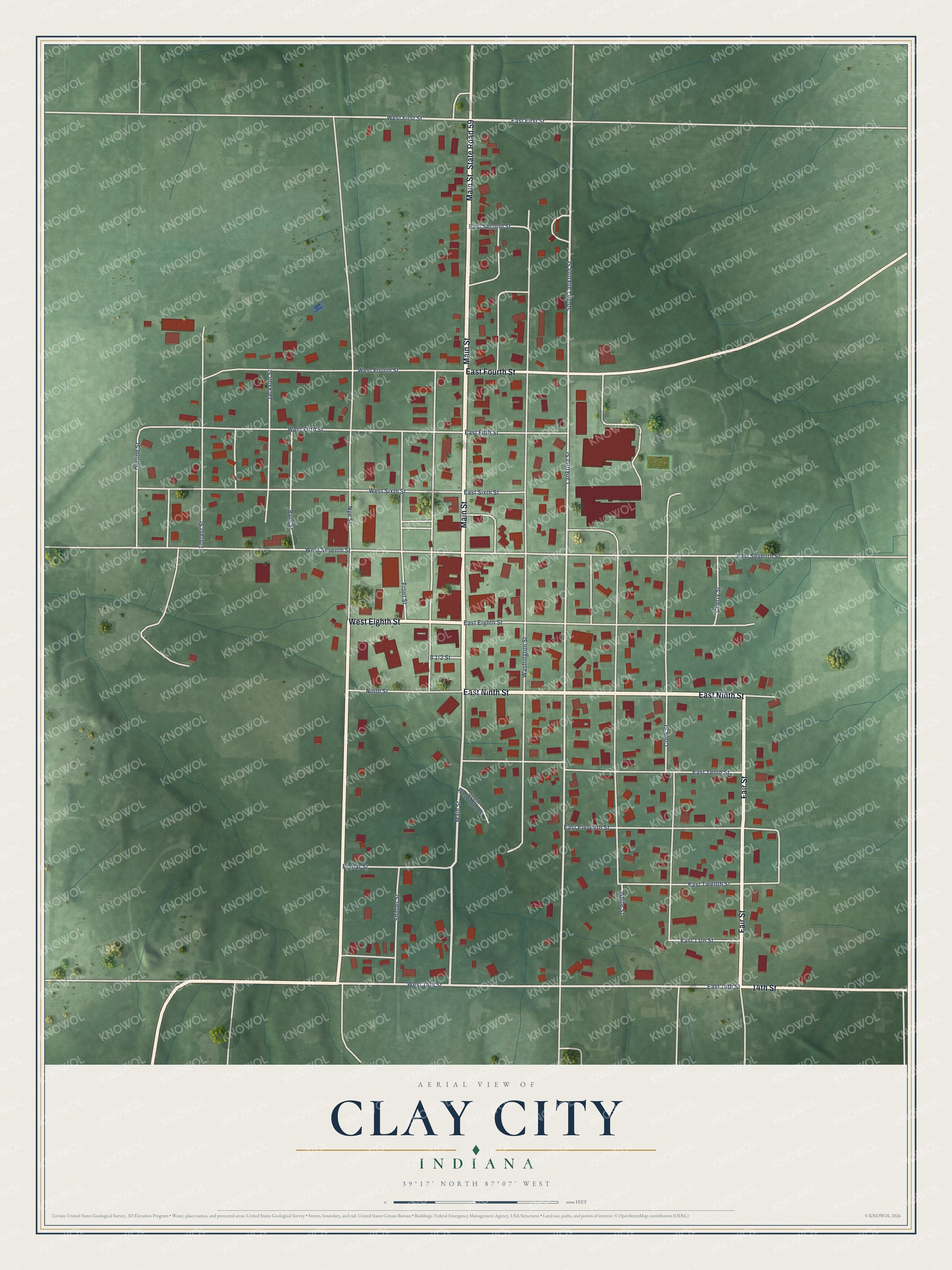 Full map of Clay City, Indiana, with red buildings, printed street names and the land around them