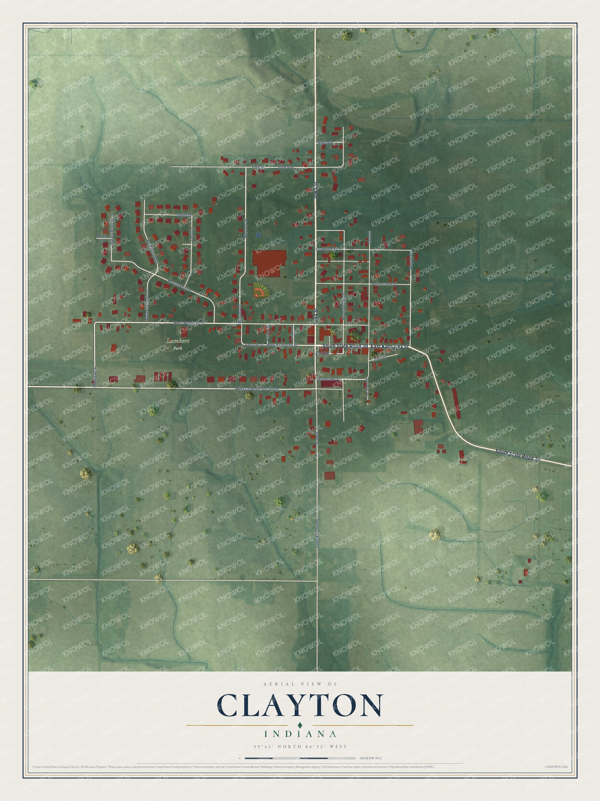 Full map of Clayton, Indiana, with red buildings, printed street names and the land around them