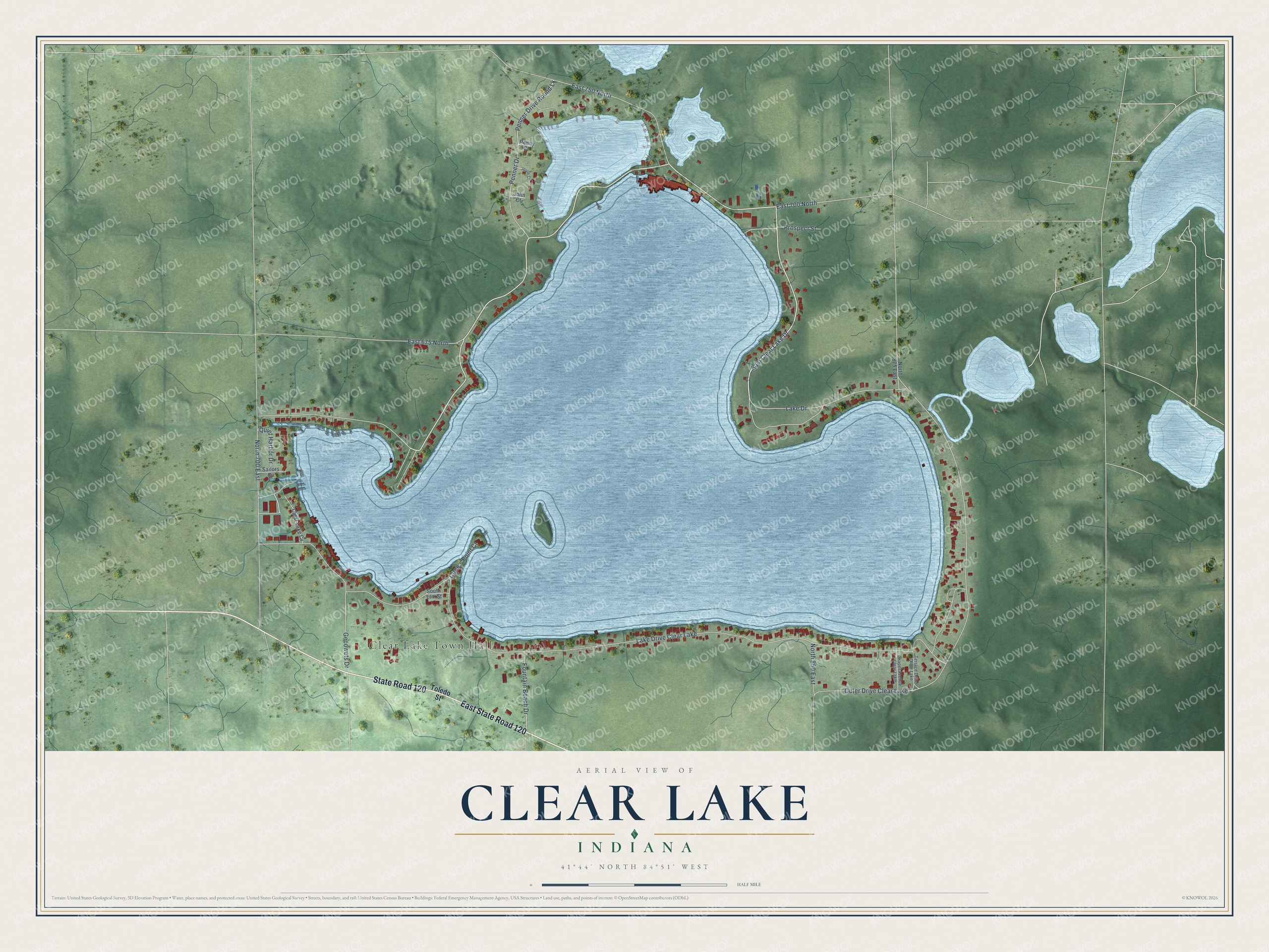 Full map of Clear Lake, Indiana, with red buildings, printed street names and the land around them