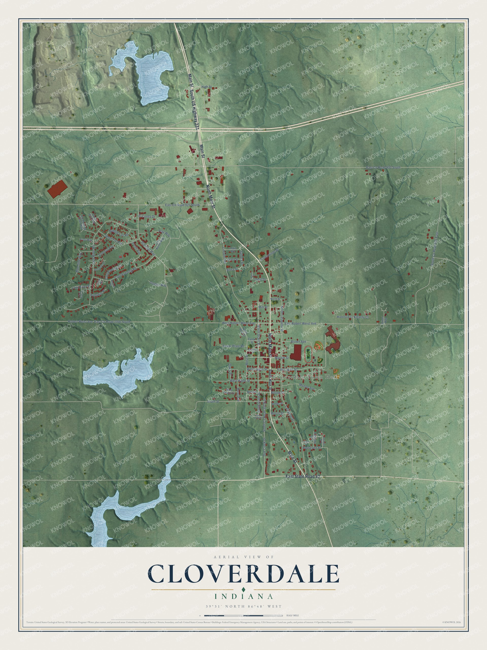 Full map of Cloverdale, Indiana, with red buildings, printed street names and the land around them