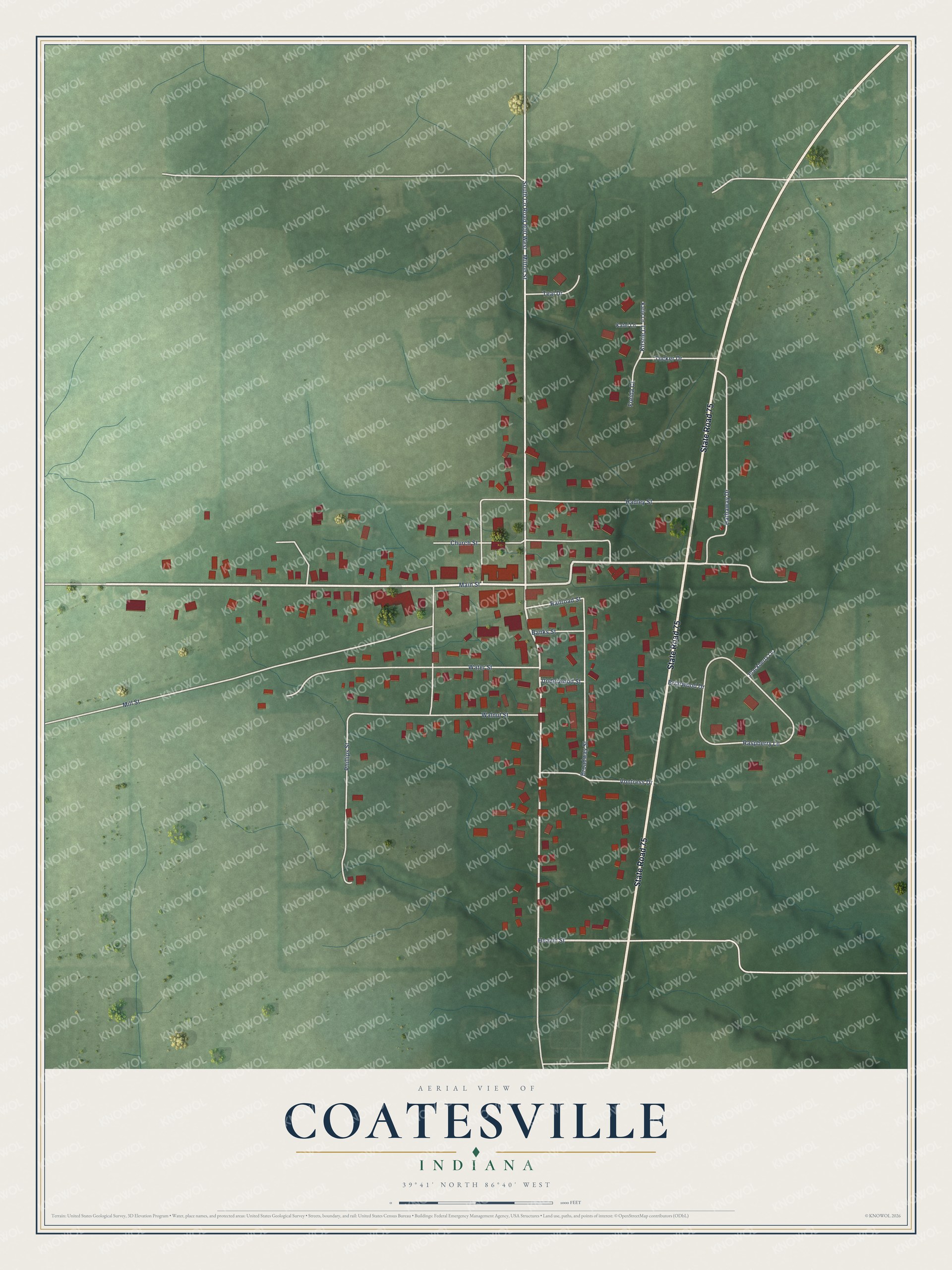 Full map of Coatesville, Indiana, with red buildings, printed street names and the land around them