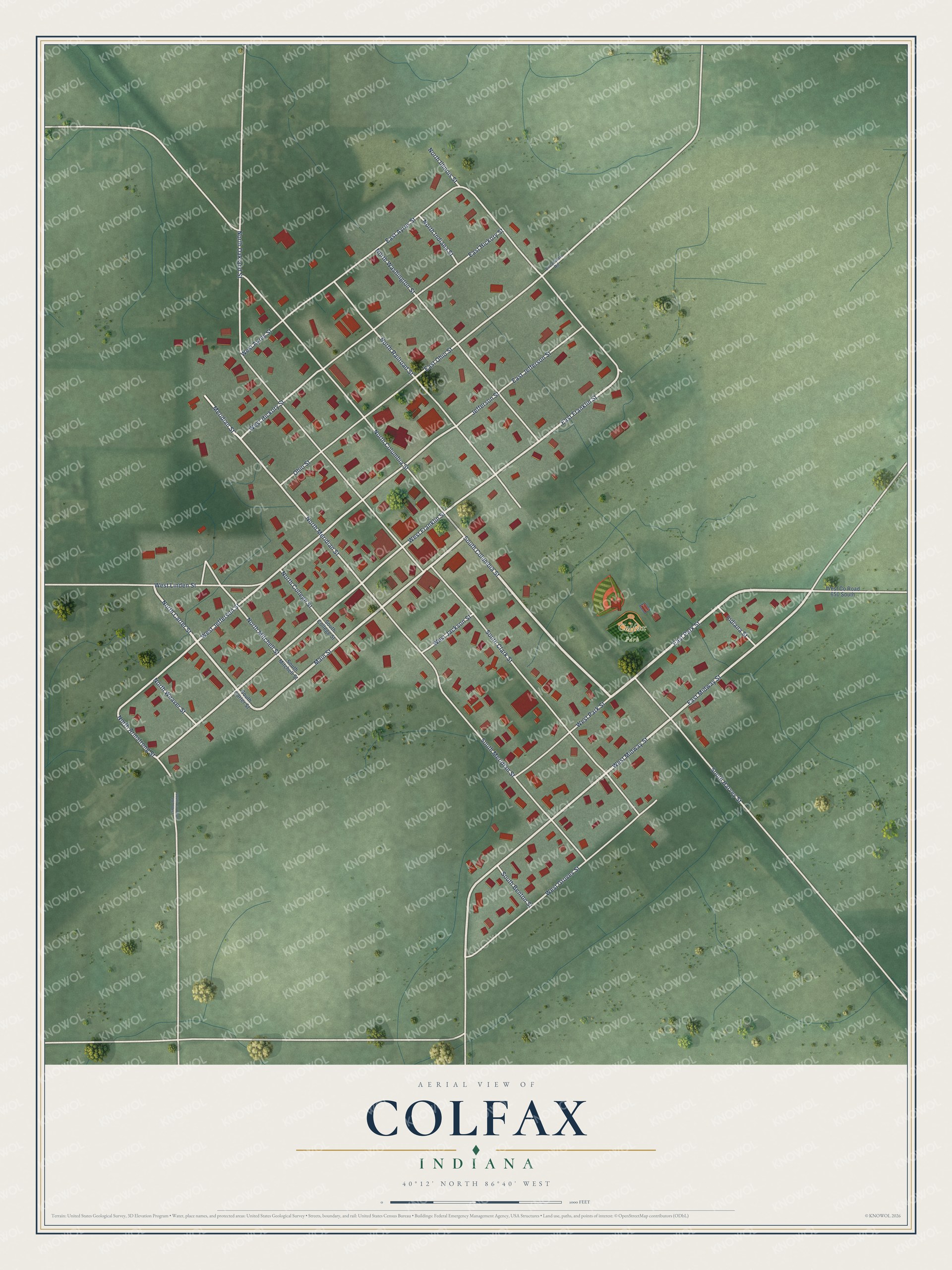 Full map of Colfax, Indiana, with red buildings, printed street names and the land around them