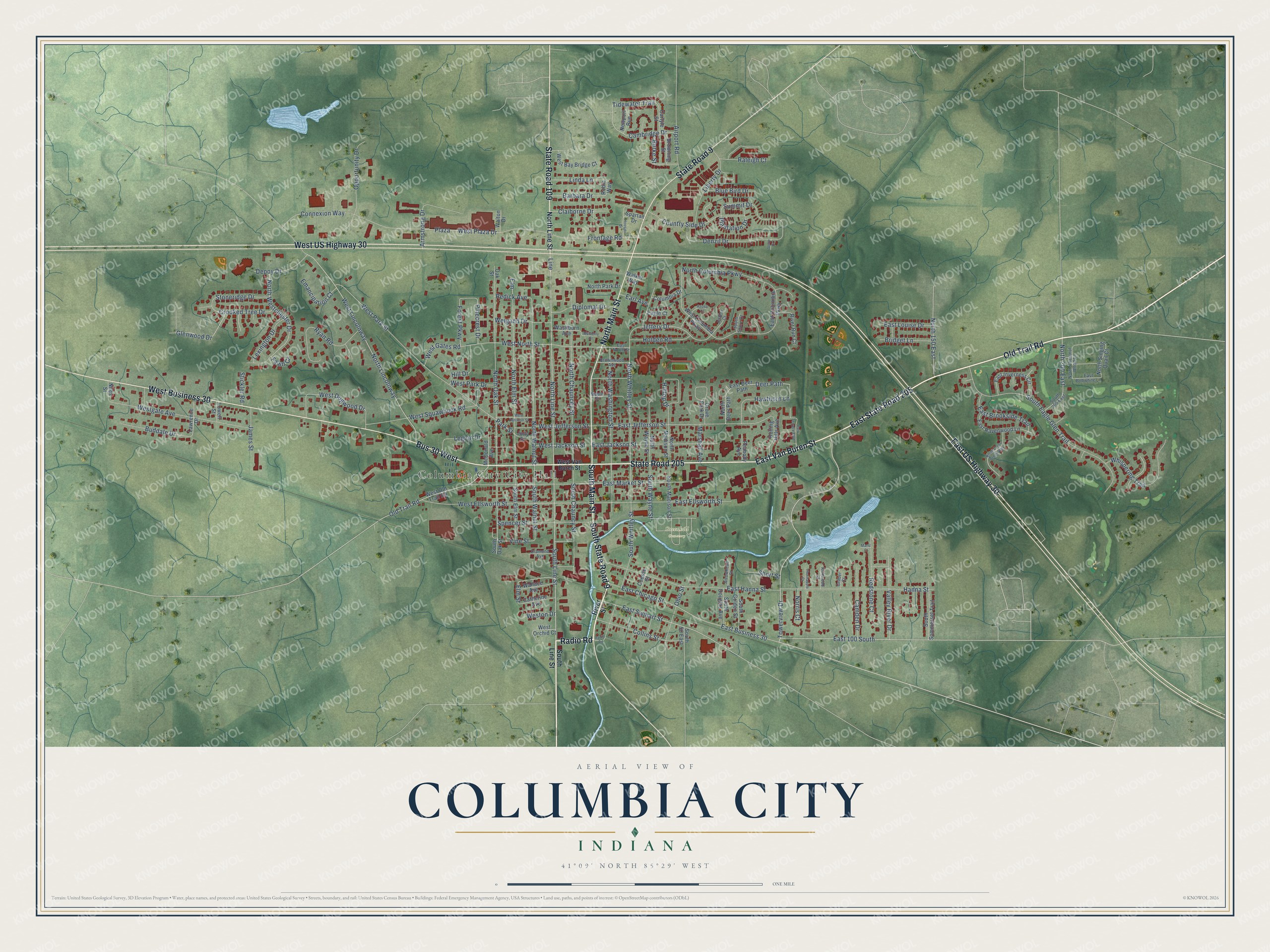 Full map of Columbia City, Indiana, with red buildings, printed street names and the land around them