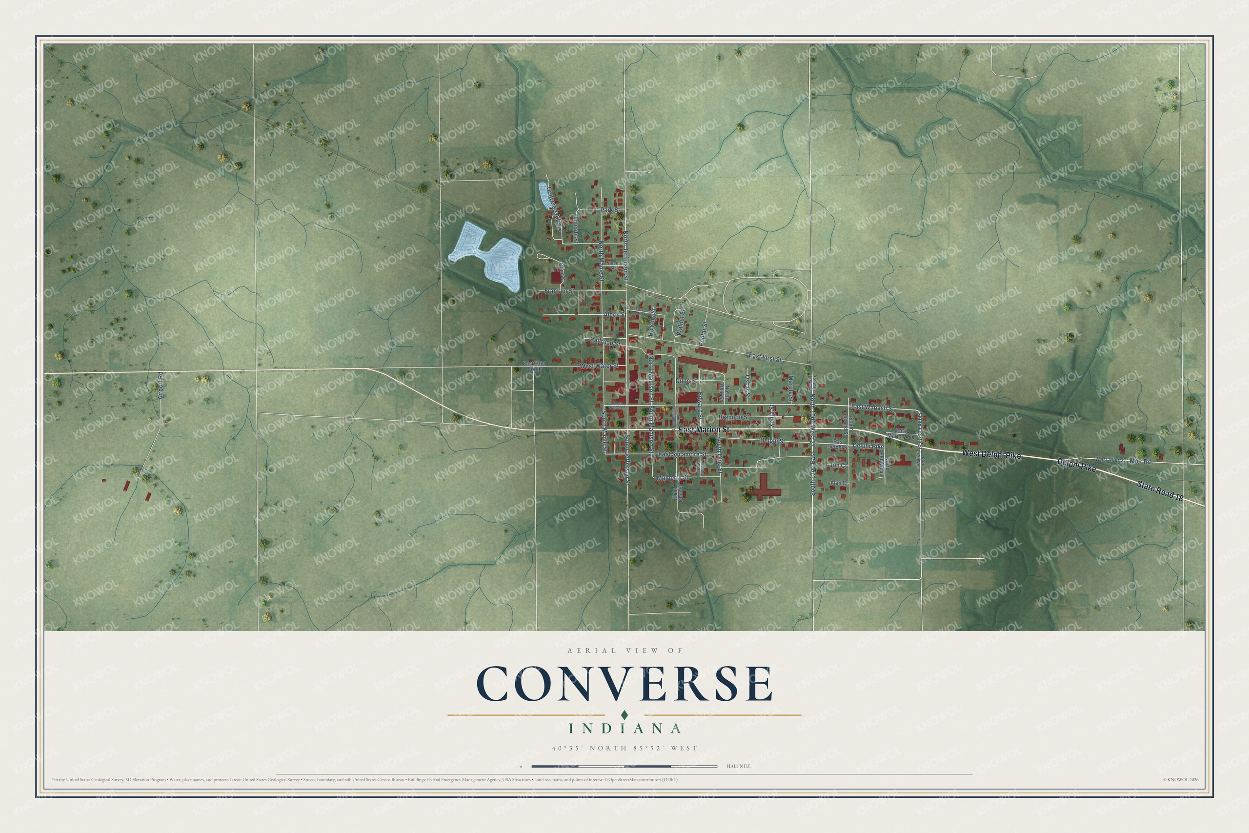 Full map of Converse, Indiana, with red buildings, printed street names and the land around them