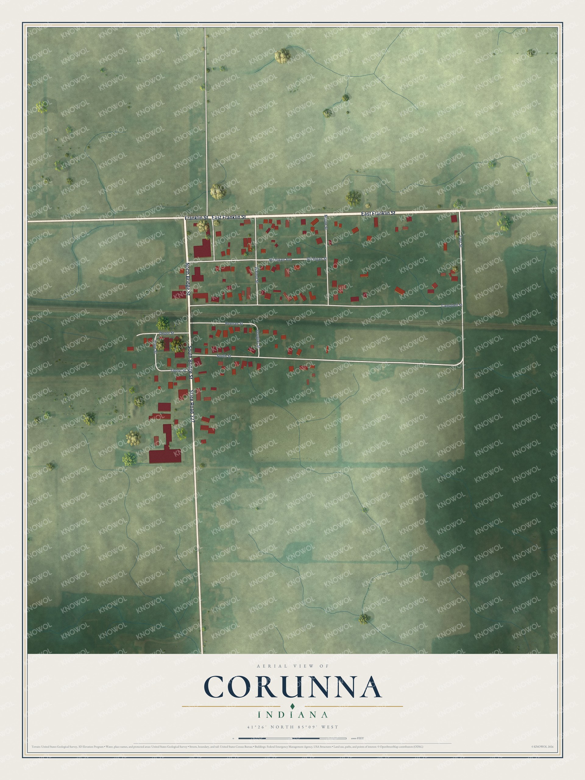 Full map of Corunna, Indiana, with red buildings, printed street names and the land around them